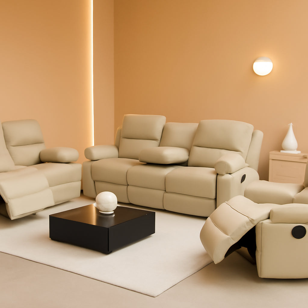 Beige 3 Piece Manual Recliner Sofa Set With Cup Holders