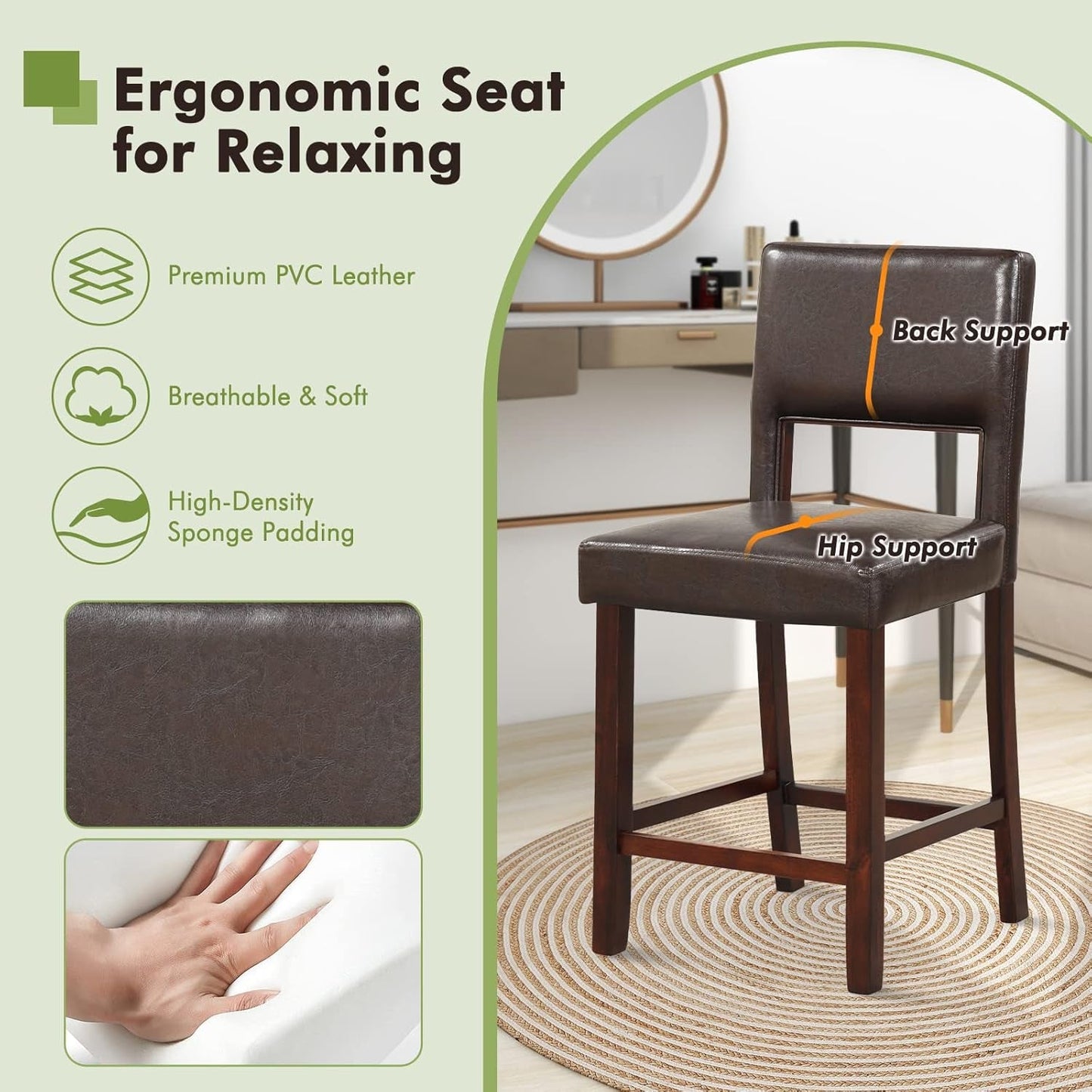 Bar Stool Set of 4 24.5 Inch Counter Height PVC Leather