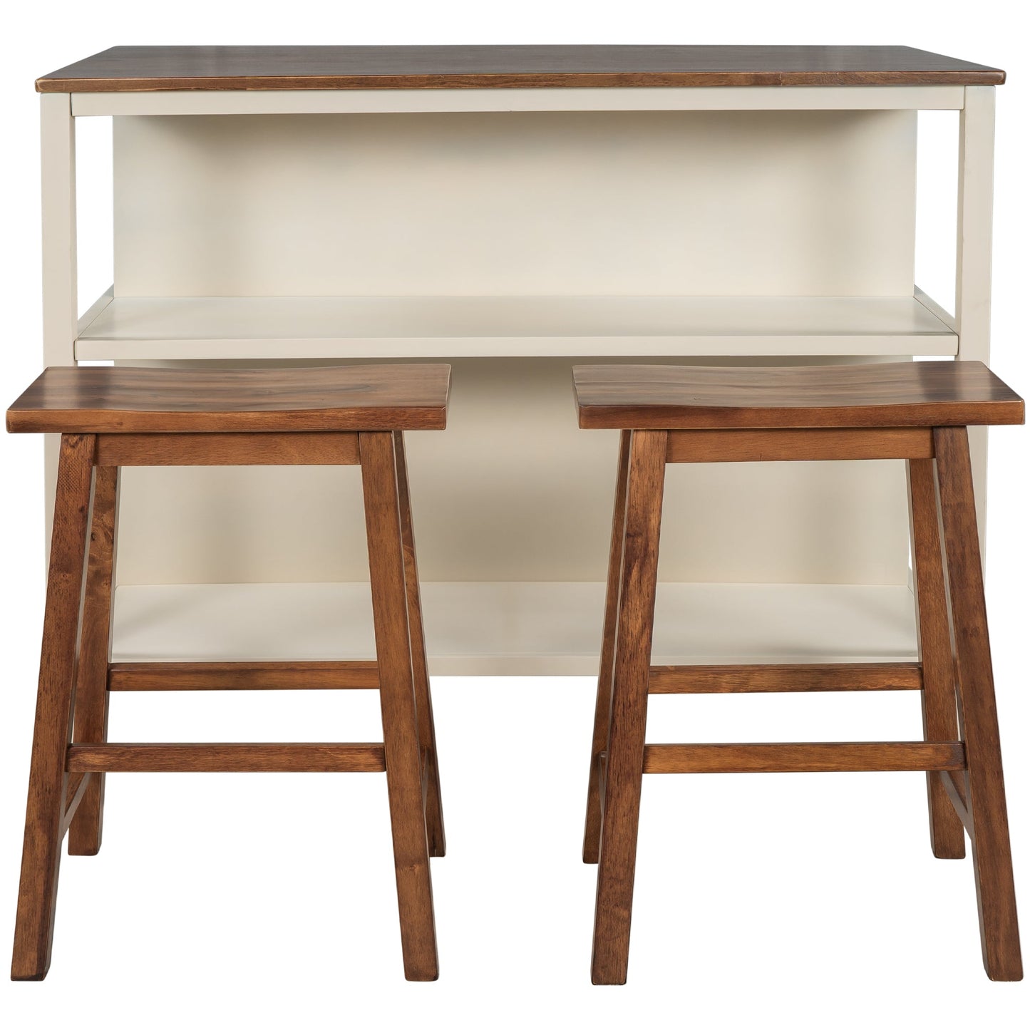TOPMAX Rustic 3-piece Stationary Kitchen Island Set with Butcher Block and Seating, Walnut and Cream White