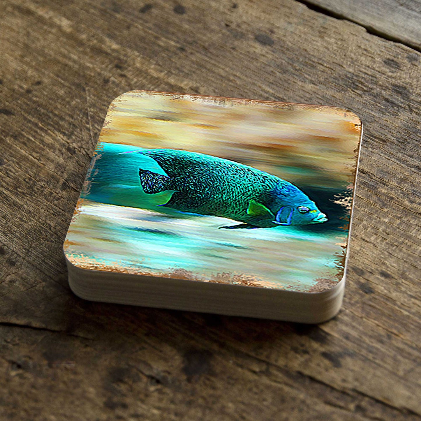 Green Tropical Fish Coastal Wood Coasters Set of 4 by Nature Wonders - 95264C-S4