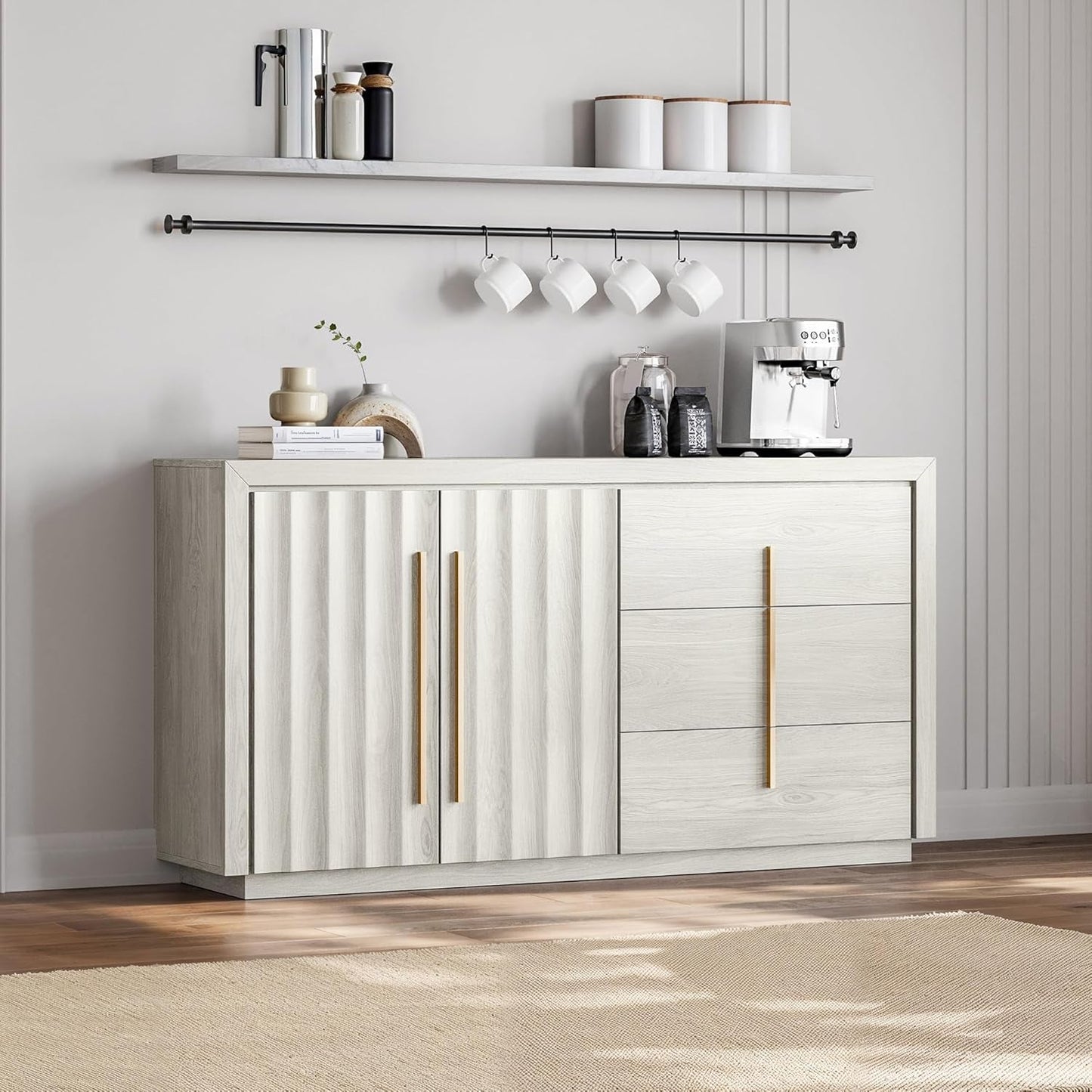 64 Inch Modern Industrial Sideboard Cabinet White Sand