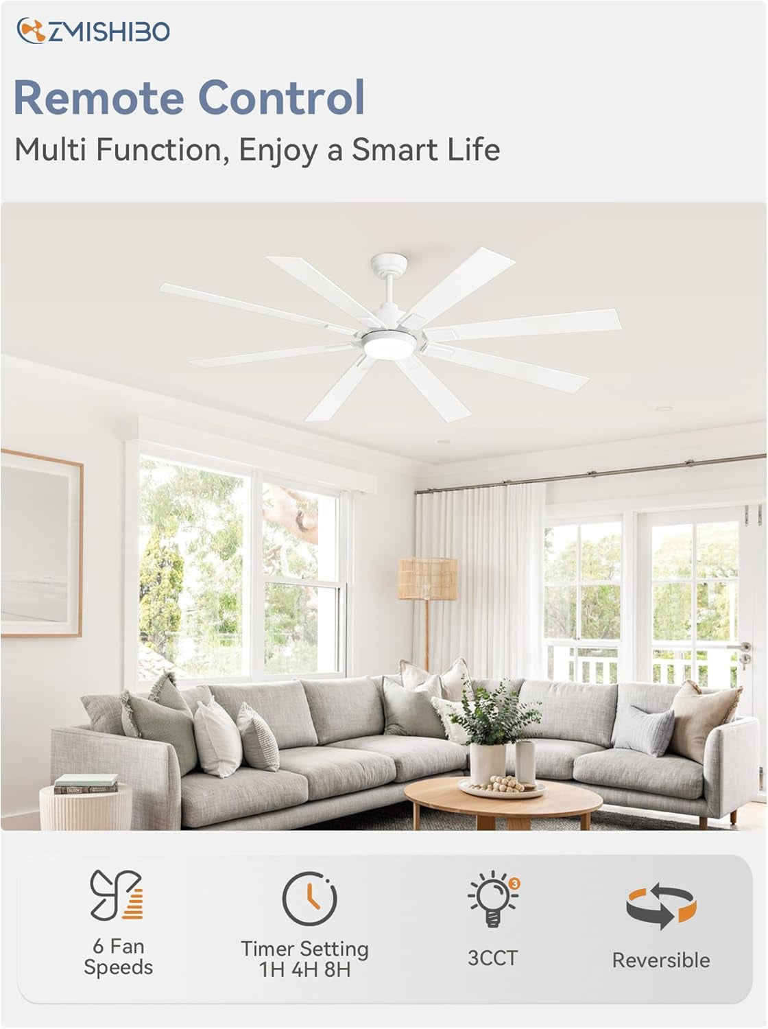 72 Inch White Ceiling Fan With Lights And Remote DC Motor in stylish living room with remote control features.