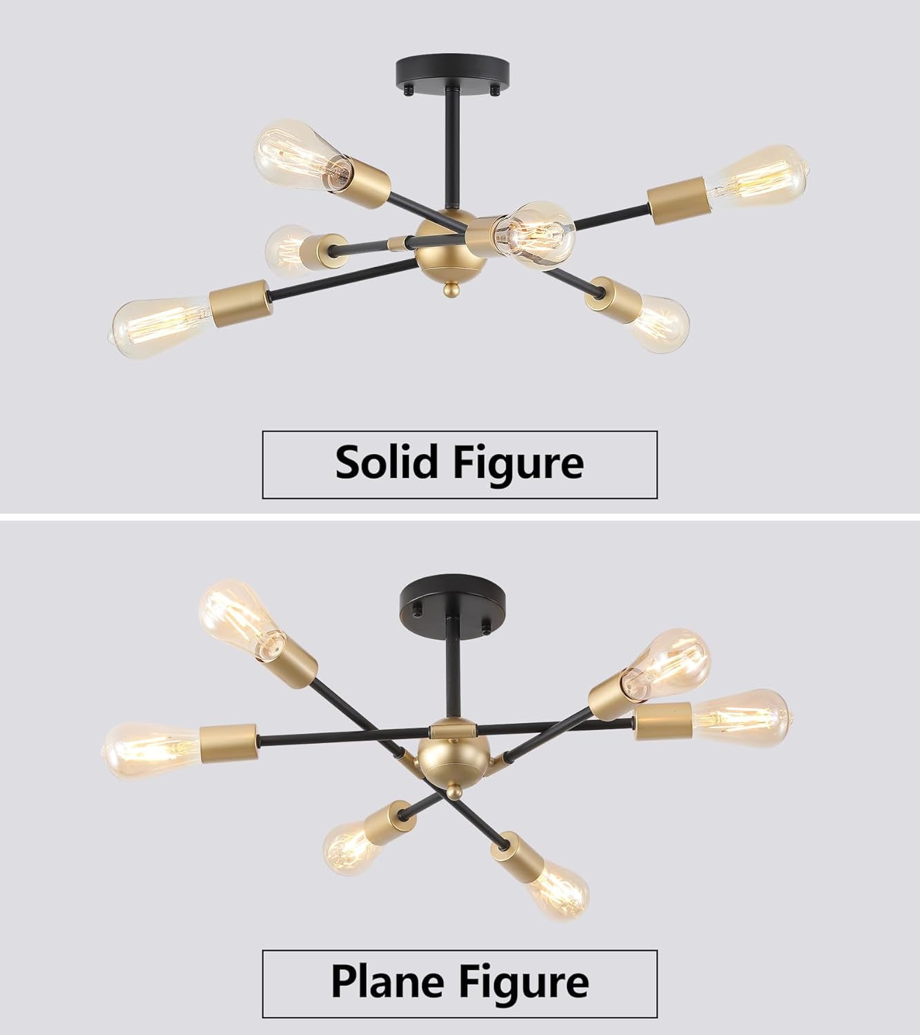 Black And Gold 6 Light Sputnik Ceiling Chandelier Semi Flush Mount UL Listed showcasing solid and plane figure views.