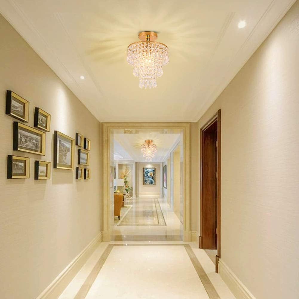 Mini Gold Crystal Chandelier 3 Tier Raindrop Flush Mount lighting a stylish hallway with elegant decor.
