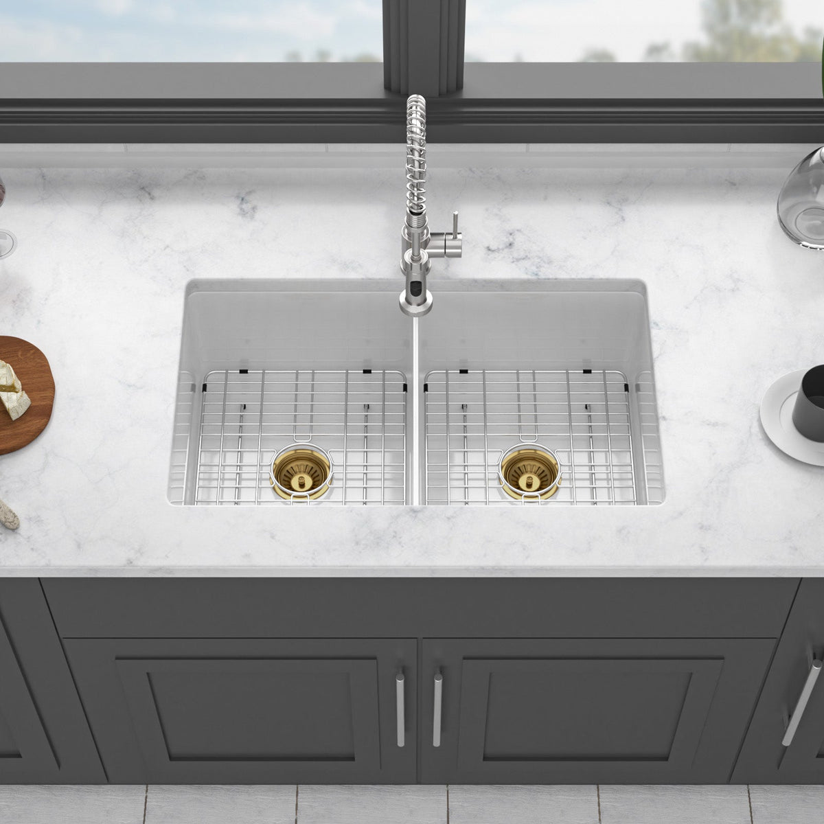 32"x19"x10" Undermount Double Bowl Porcelain Fireclay Kitchen Sink