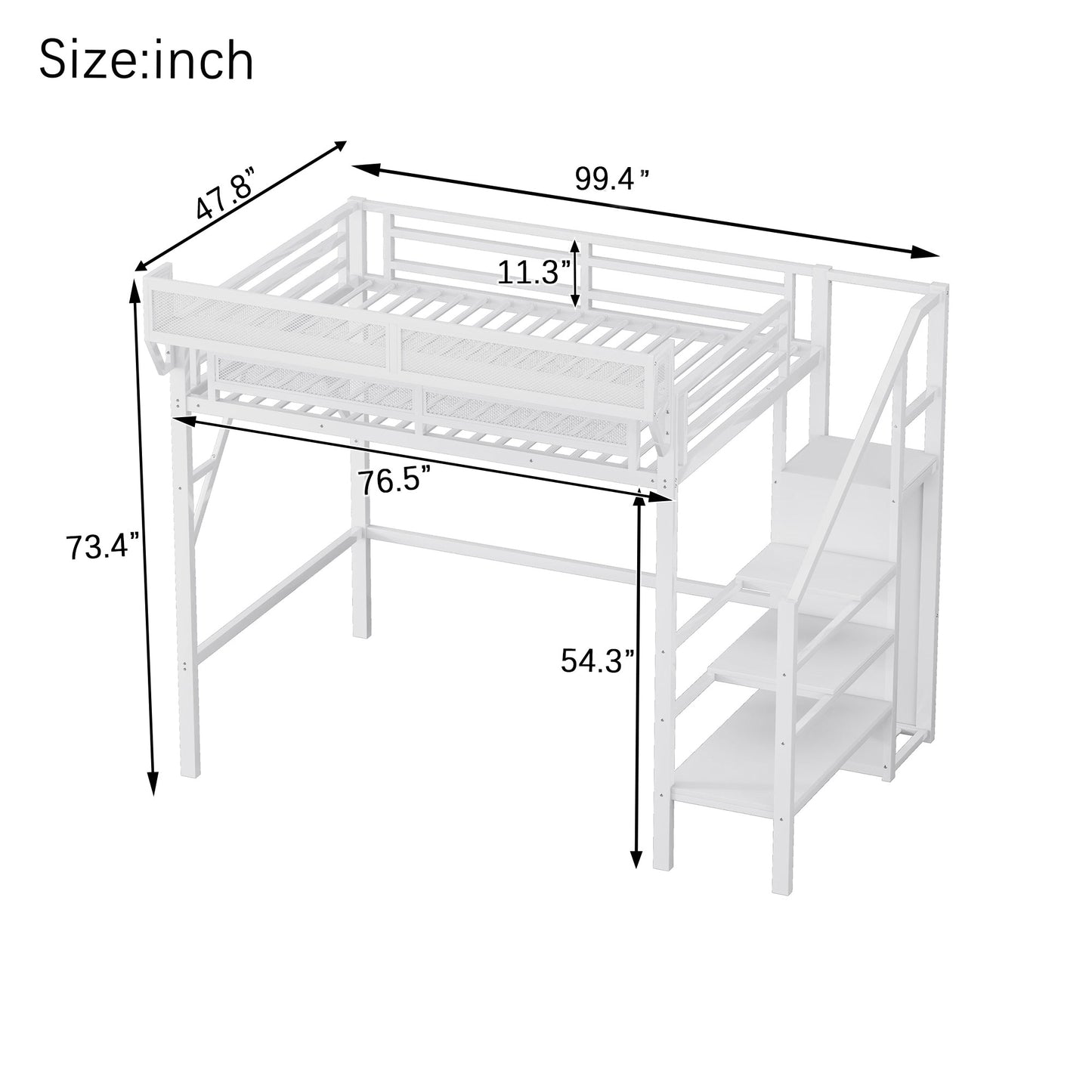 Twin XL Size Loft Bed with Stairs, Metal Full Loft Bed with Storage Shelves, High Loft Bed with Wardrobe for Kids Teens,White(Expect Arrival Date 2025/10/14)