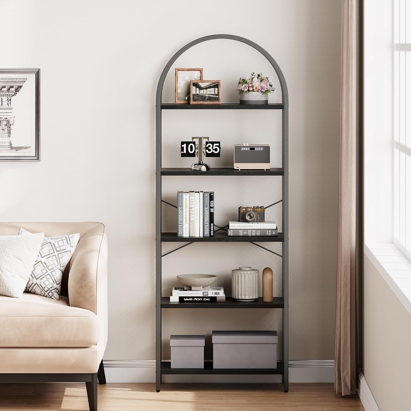 Tall Black Arched Bookcase With 5 Open Shelves For Living Room