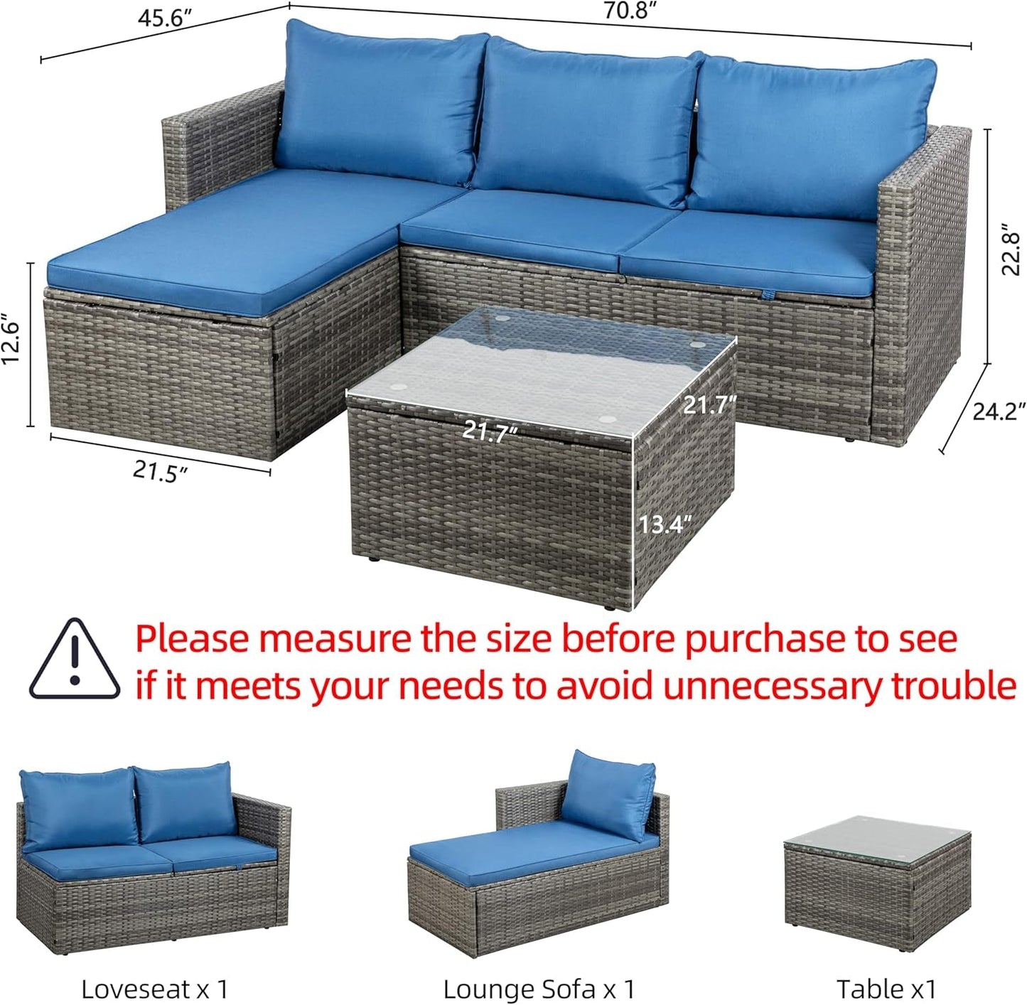 3-Piece Outdoor Wicker Sofa Set with Glass Table