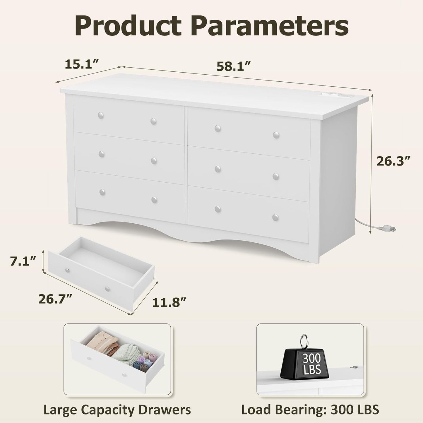 Eggshell WardrobeSystem Six Drawer Dresser With USB Type C Charging