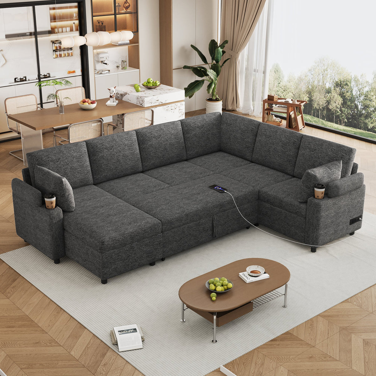 109.9" U-Shaped Sectional Sofa Bed with Storage
