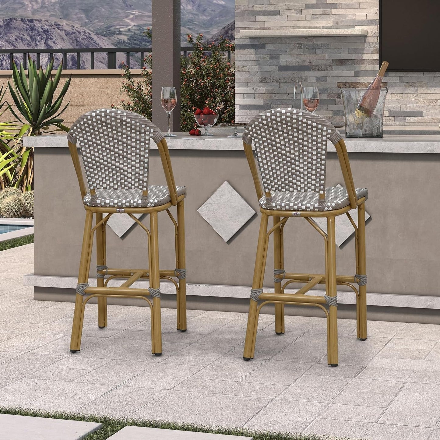 French Style Rattan Bar Stools Set for Outdoor Spaces