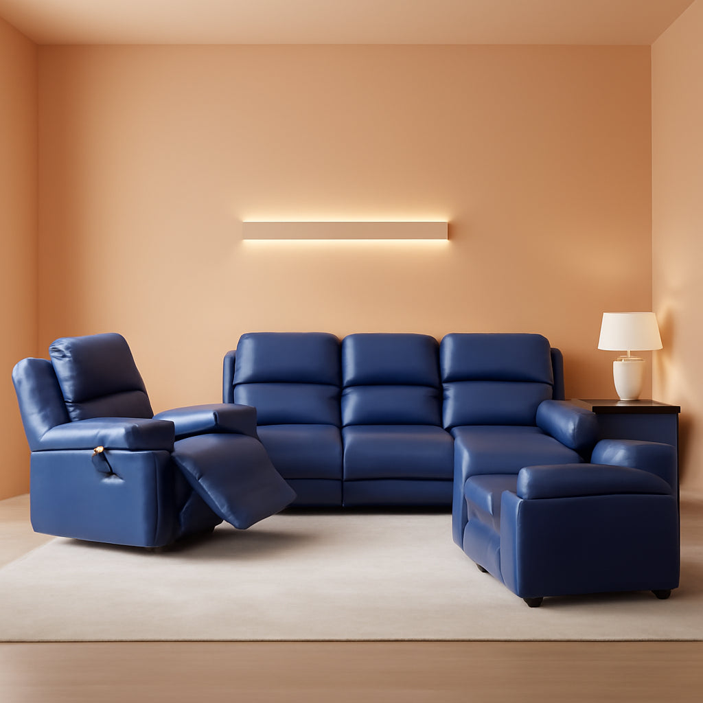 Dark Blue Leather Recliner Sofa Set For Living Room 3 Piece