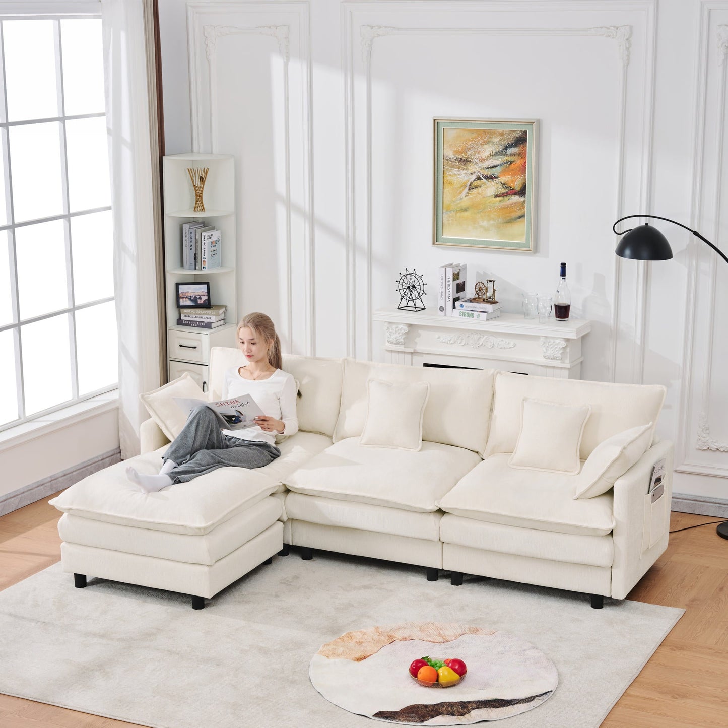 Chenille Modular Three-Seater Sofa with Movable Footstool