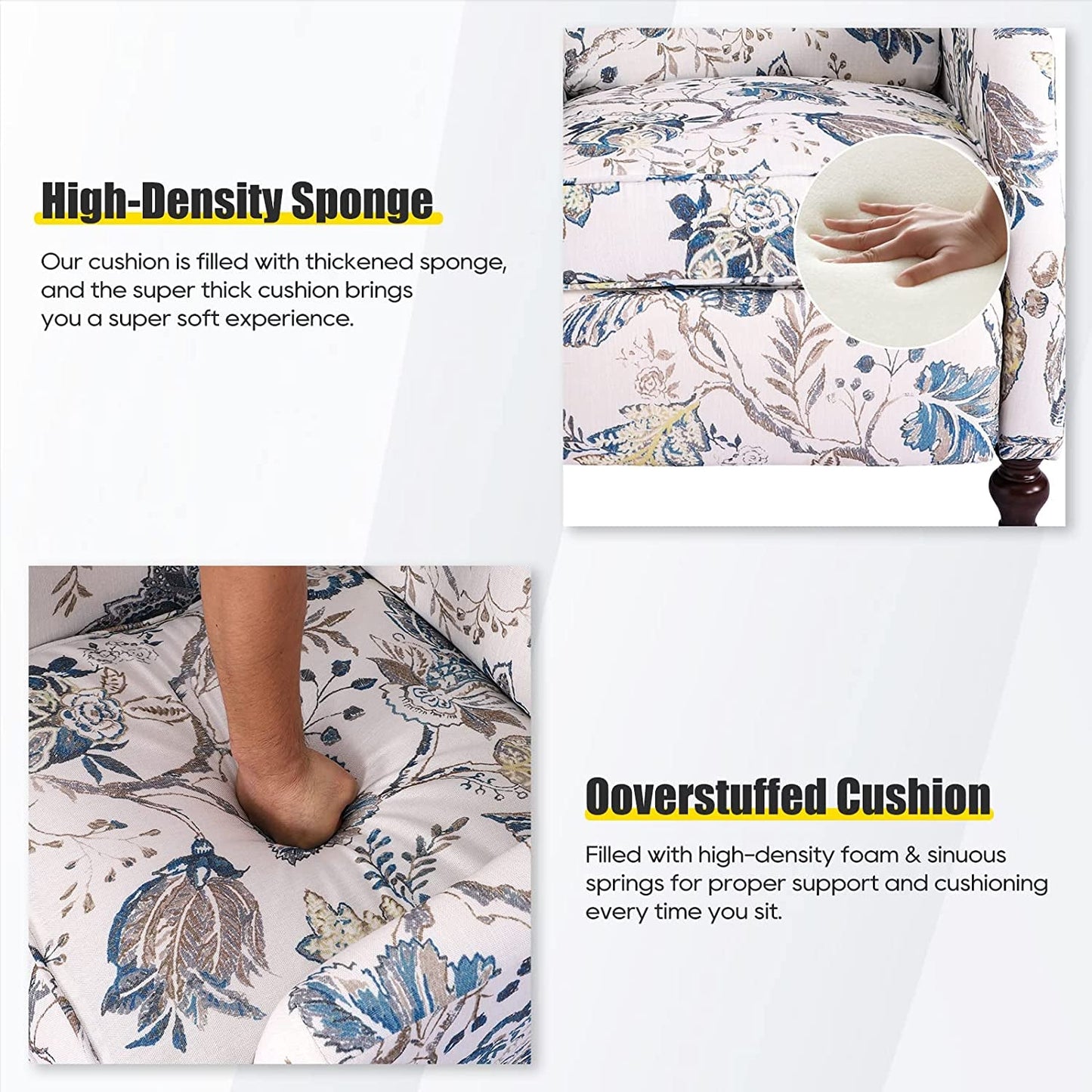 Upholstered Wingback Recliner Chair Blue Floral Elegant