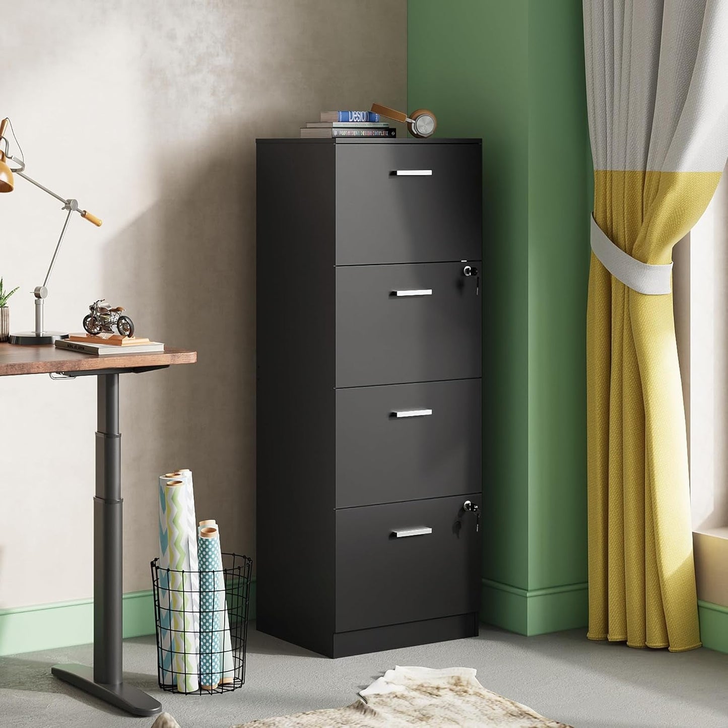 4 Drawer Locking File Cabinet For A4 And Letter Files Black Wood