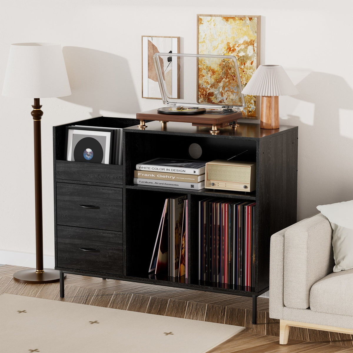 Eco-Friendly Record Player Stand with Flip-Top Storage Cabinet