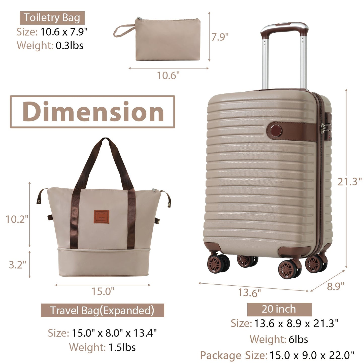 3 Piece Carry-On Luggage Set - Khaki