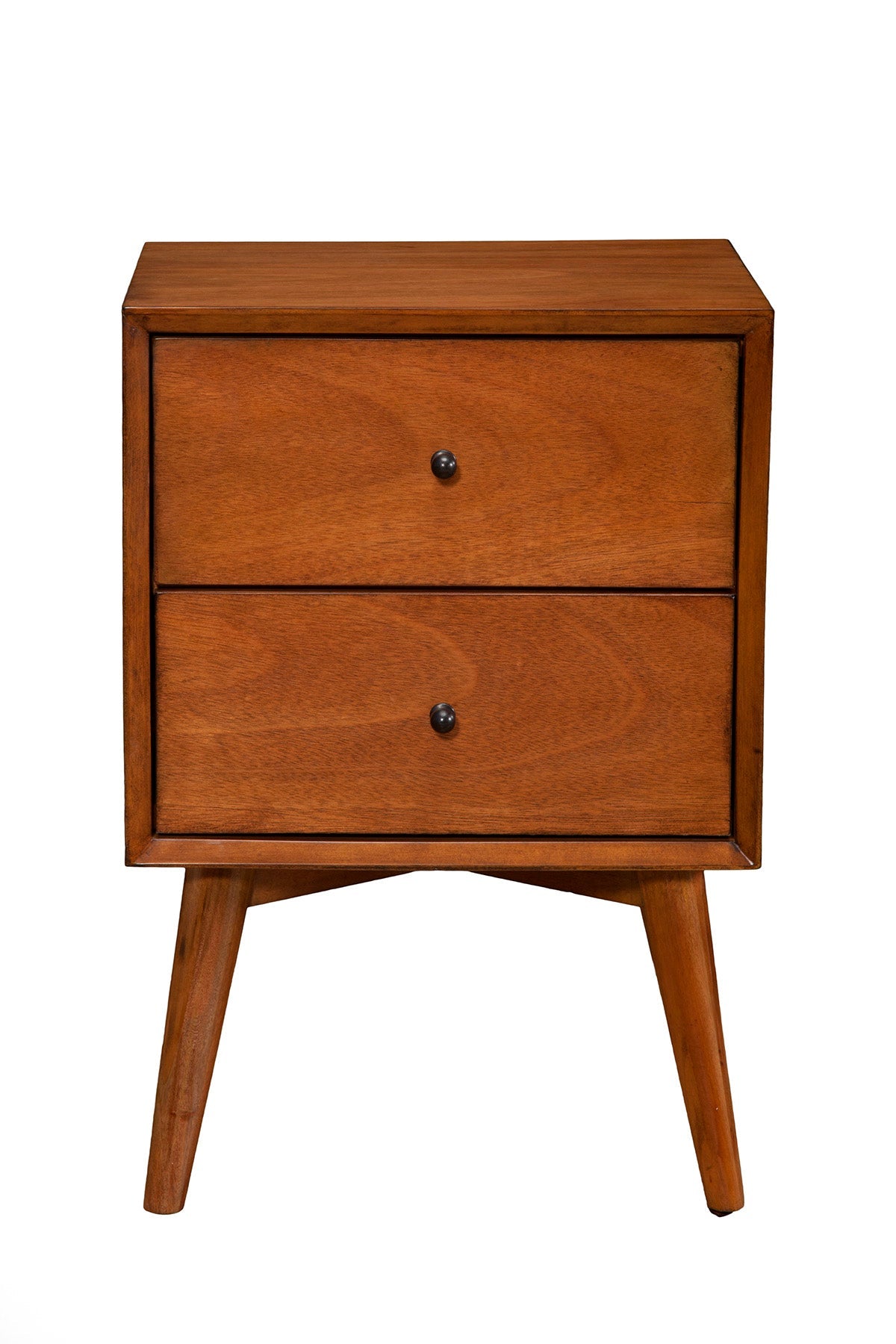 Flynn Nightstand in Chestnut wood with two drawers for storage, perfect for Mid-Century Modern style decor.