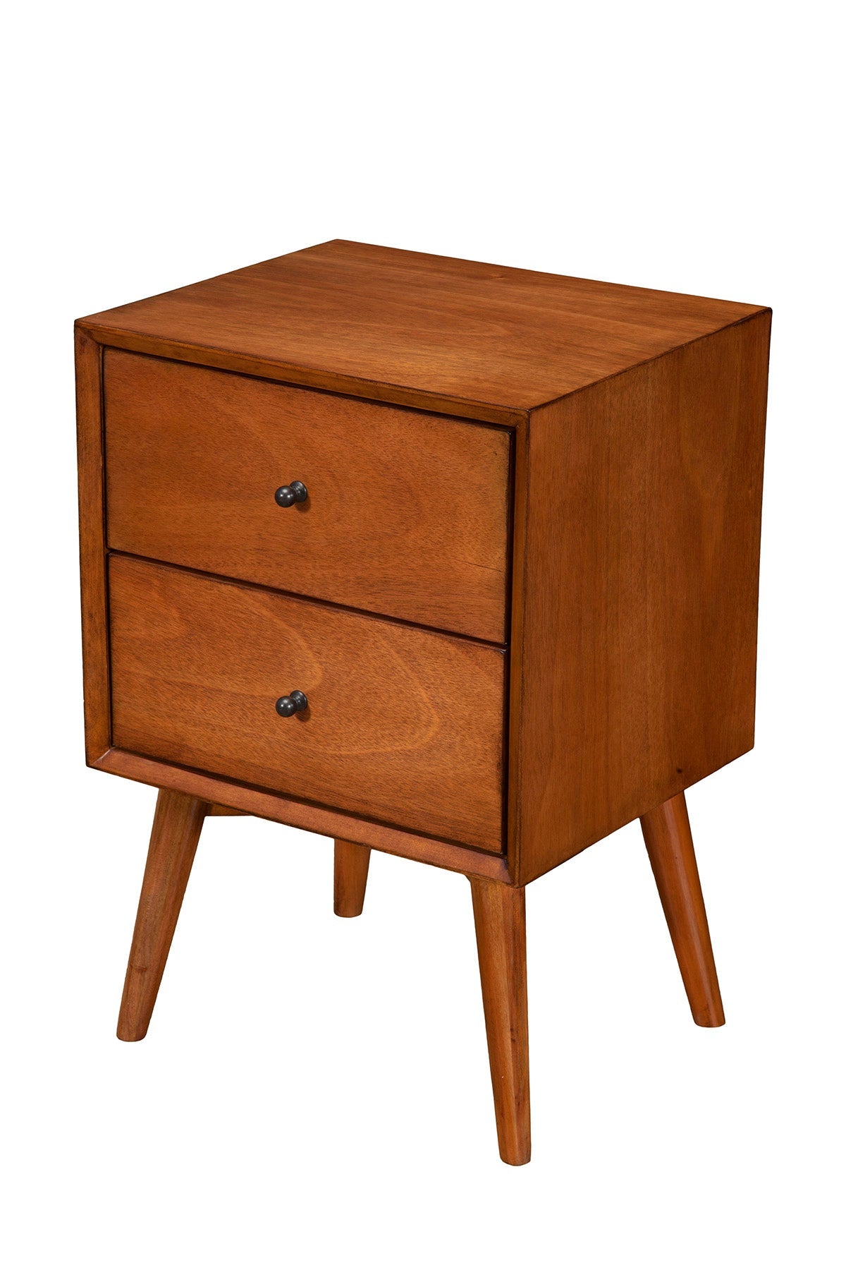Flynn Nightstand in Chestnut wood with two drawers, ideal for Mid-Century Modern bedroom decor.