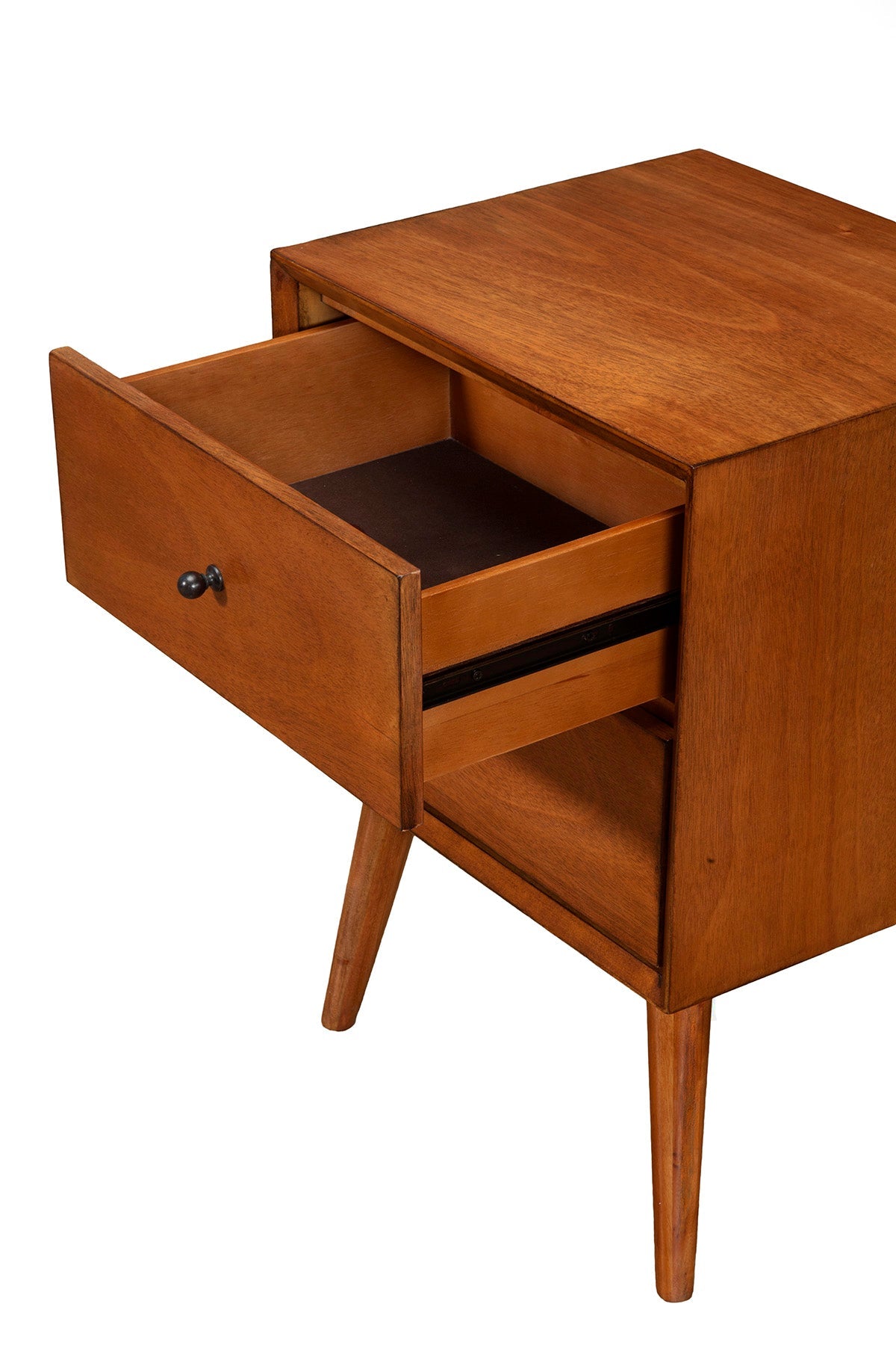 Flynn Nightstand in Chestnut with an open drawer showcasing storage space.