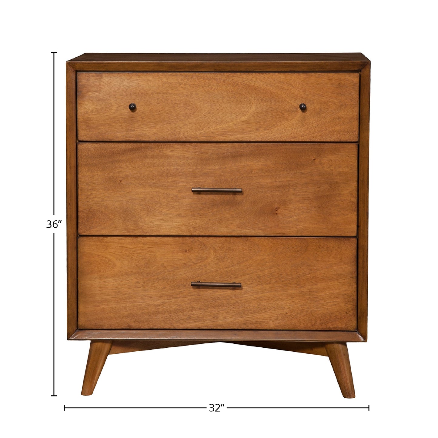 Flynn Small Chest in Chestnut finish, showcasing a Mid-Century Modern design with three spacious drawers.