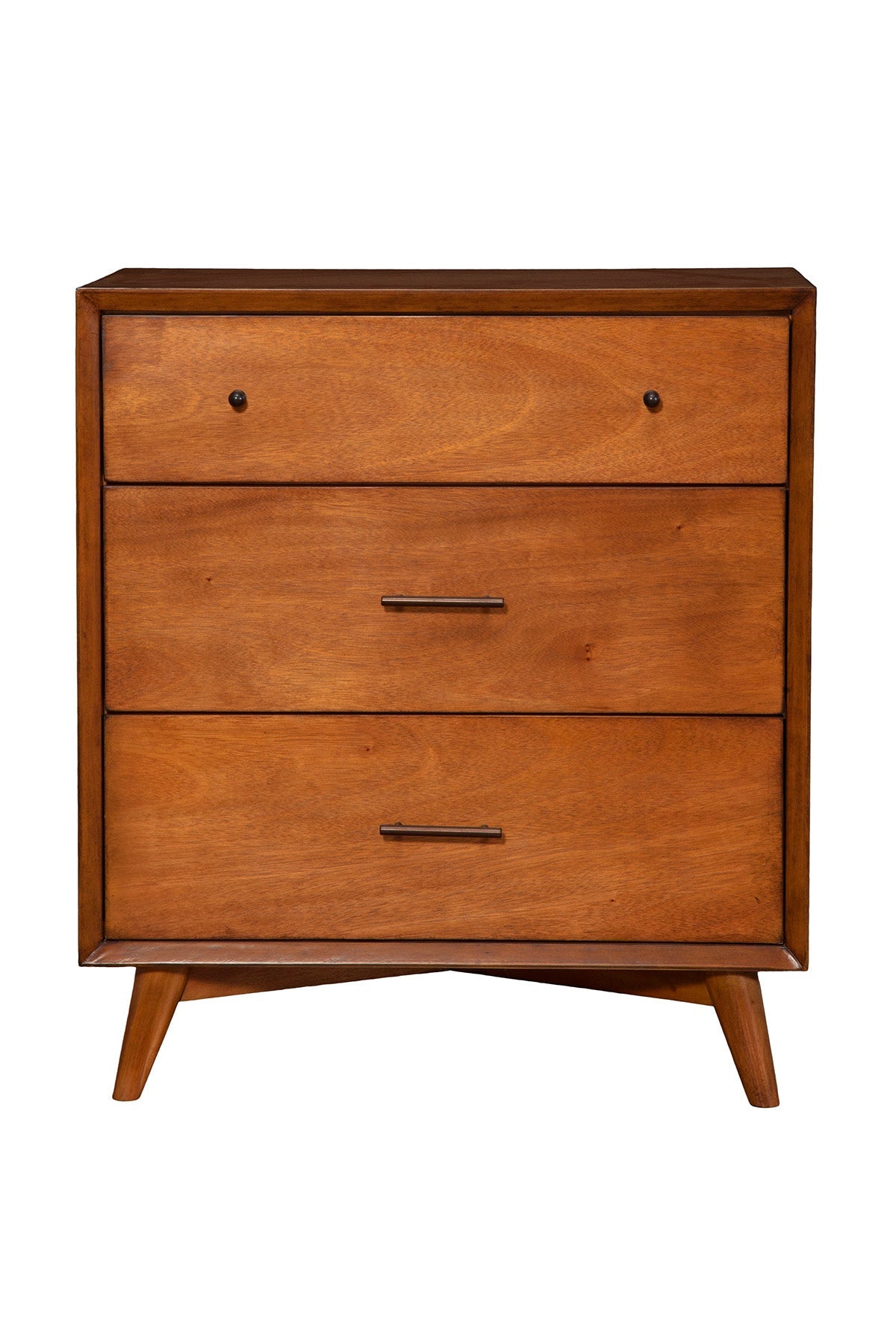 Flynn Small Chest in Chestnut wood finish with three spacious drawers and Mid-Century Modern design.