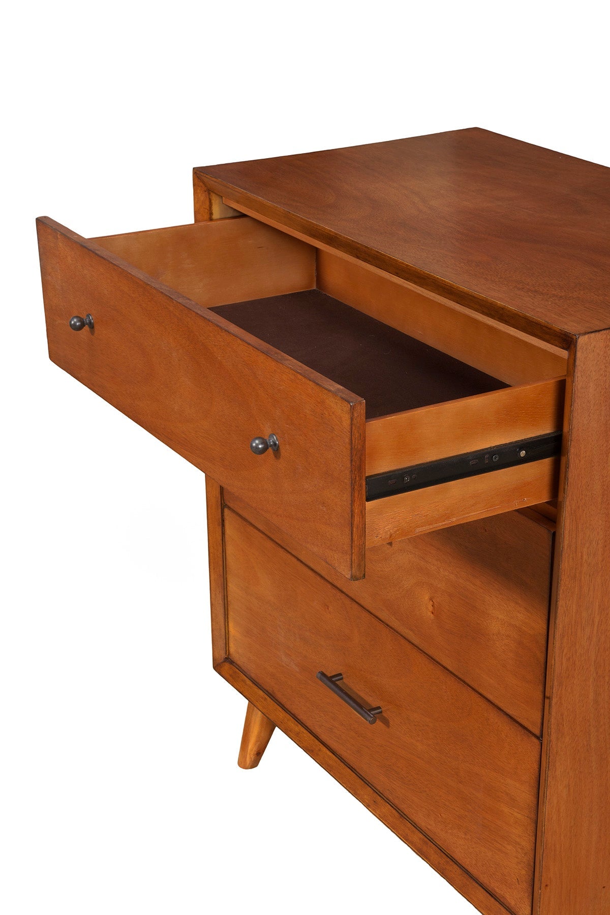 Flynn Small Chest in chestnut wood, showcasing an open drawer and sturdy Mid-Century Modern design.
