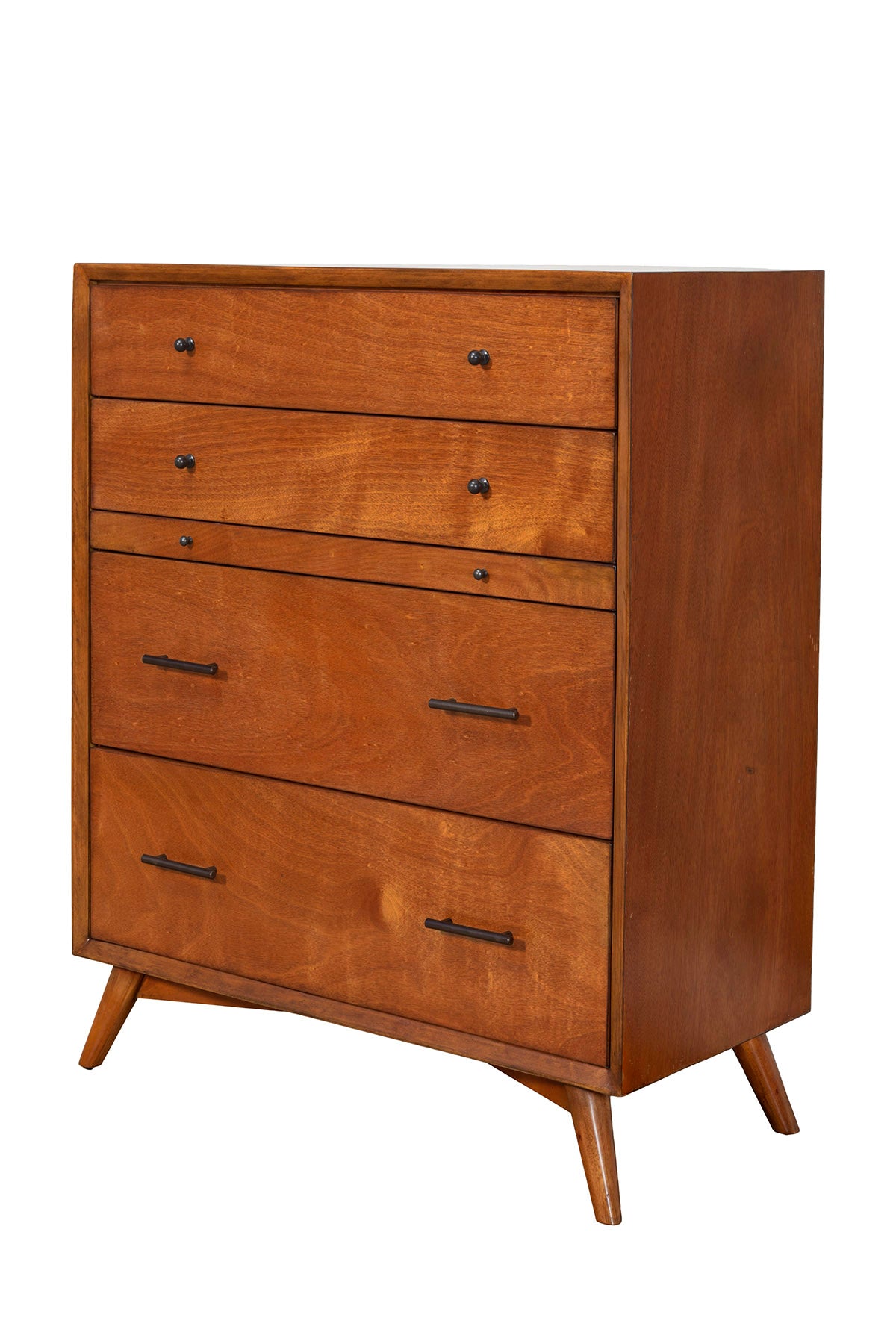 Flynn Chest, Chestnut Mid-Century Modern wooden chest with 4 drawers and pull-out tray.