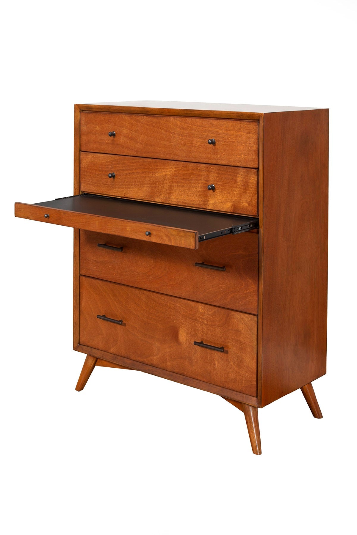 Flynn Chest in Chestnut wood with four drawers and a pull-out tray, showcasing Mid-Century Modern design.