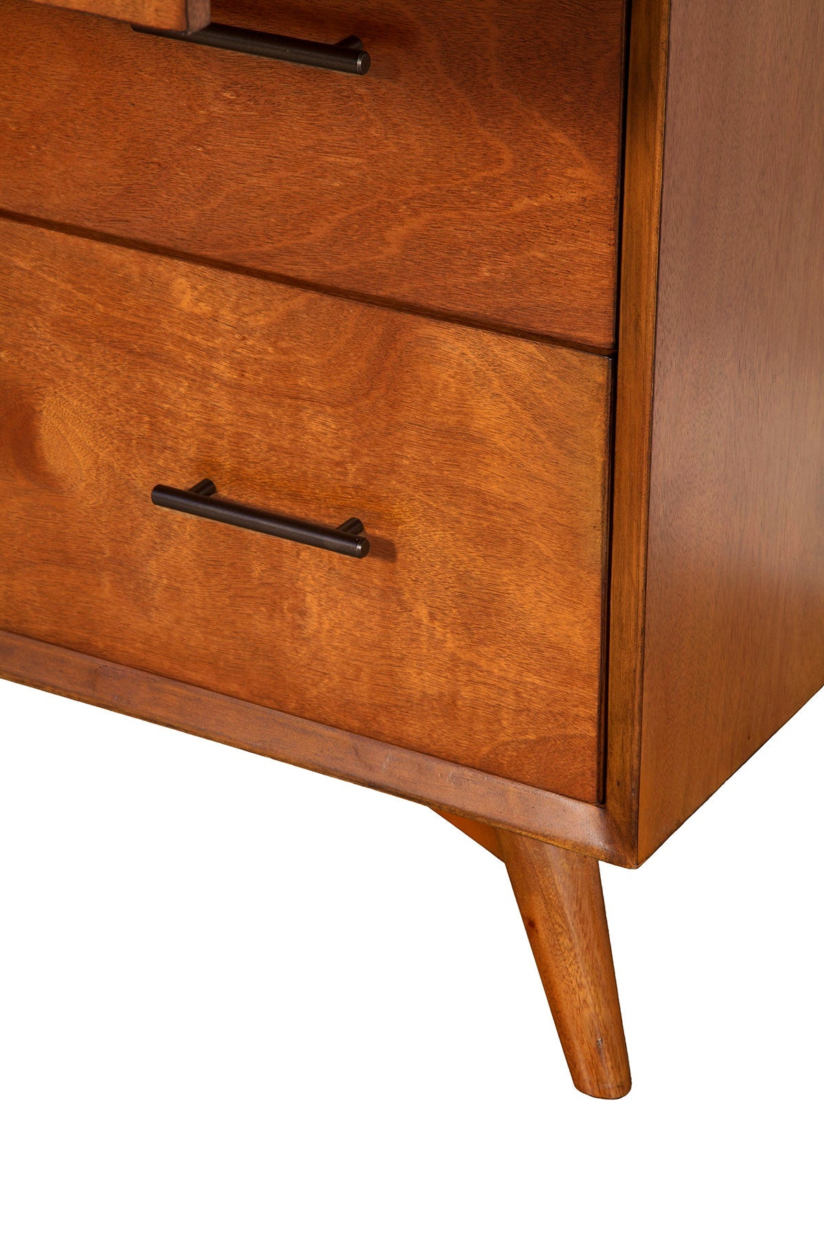 Flynn Chest features sturdy mahogany drawers and legs, showcasing Mid-Century Modern design elegance.