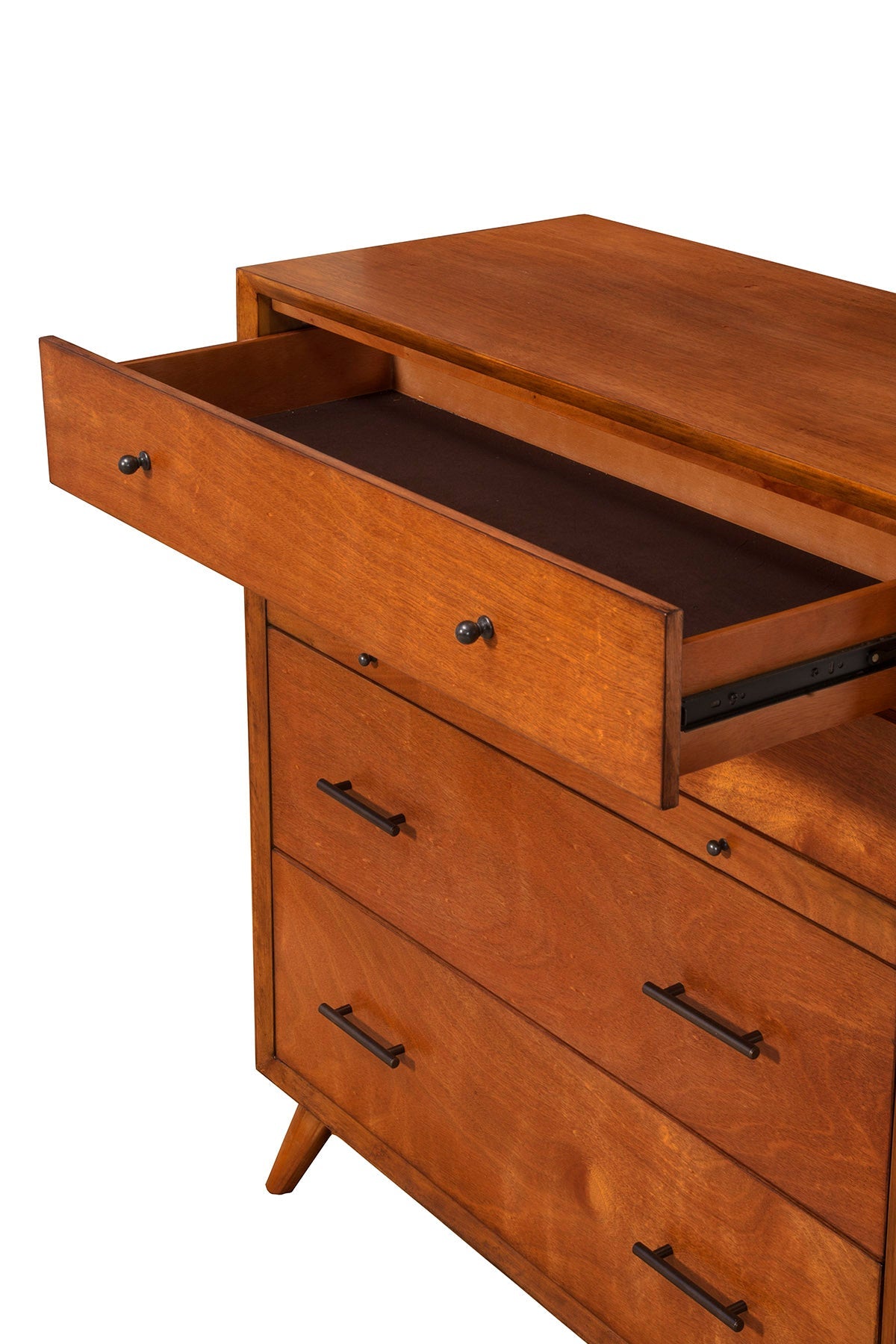 Flynn Chest in chestnut wood with an open drawer showcasing its Mid-Century Modern design.
