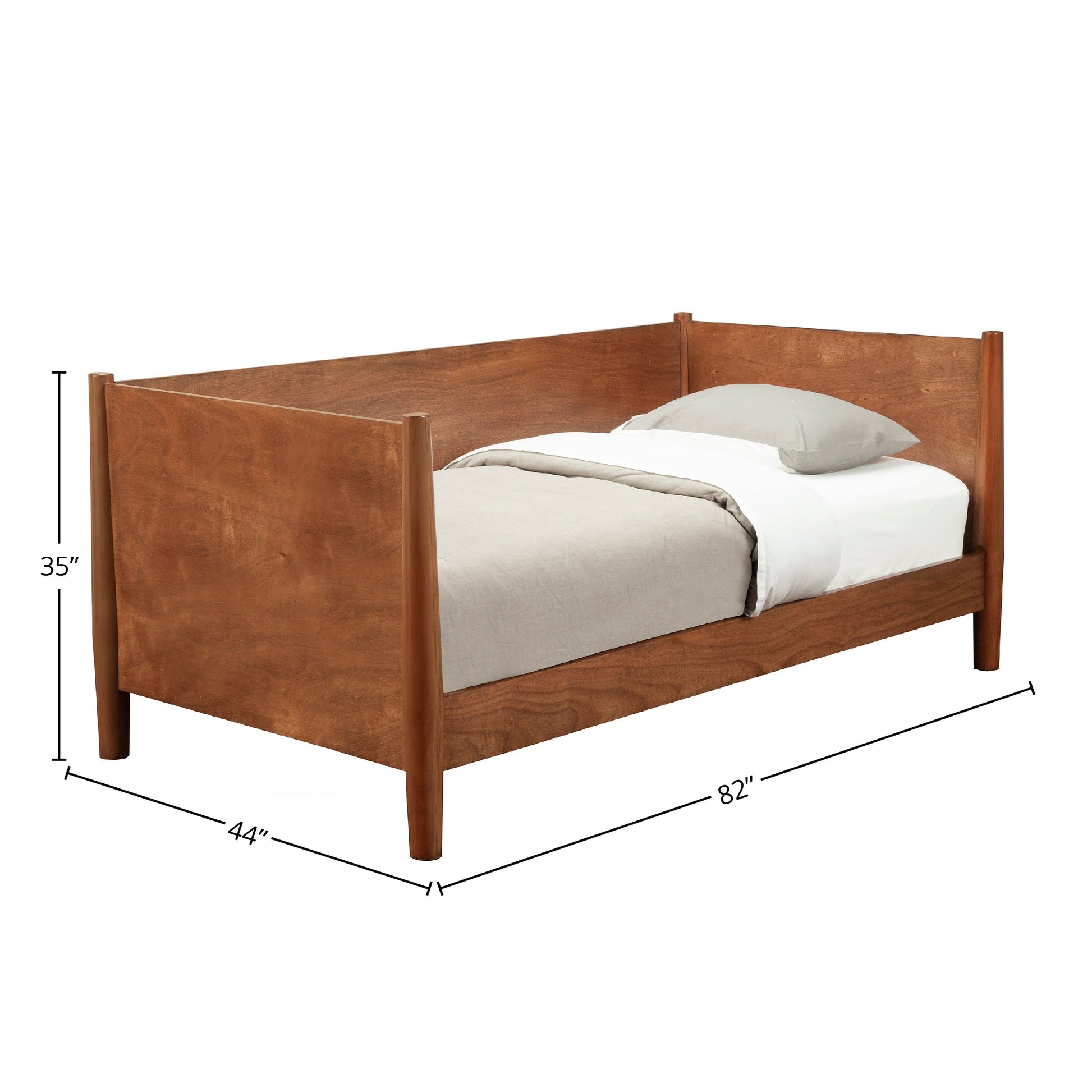 Flynn Day Bed in Chestnut with mattress and bedding displayed, showcasing Mid-Century Modern design, dimensions 82" x 44" x 35".