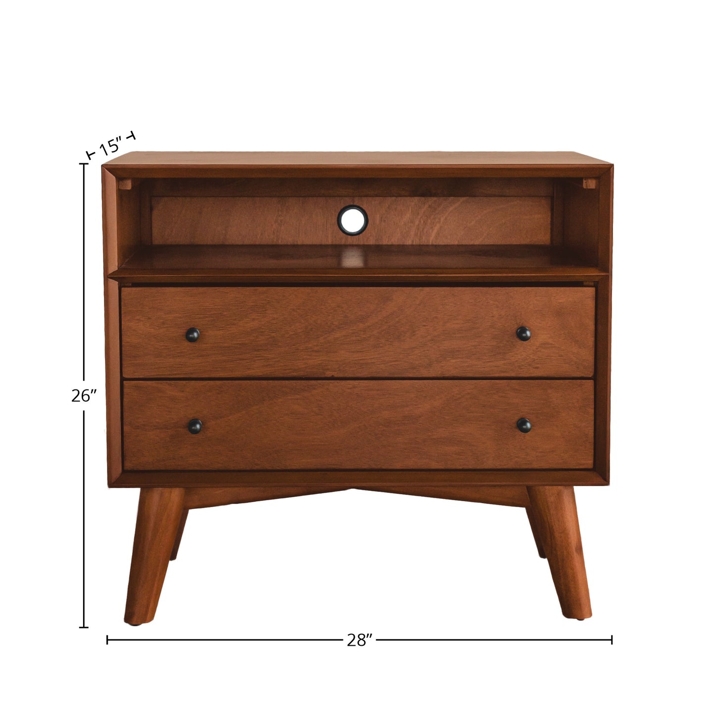 Flynn Large Nightstand in Chestnut with two drawers and splayed legs, dimensions 28" x 26" x 15".