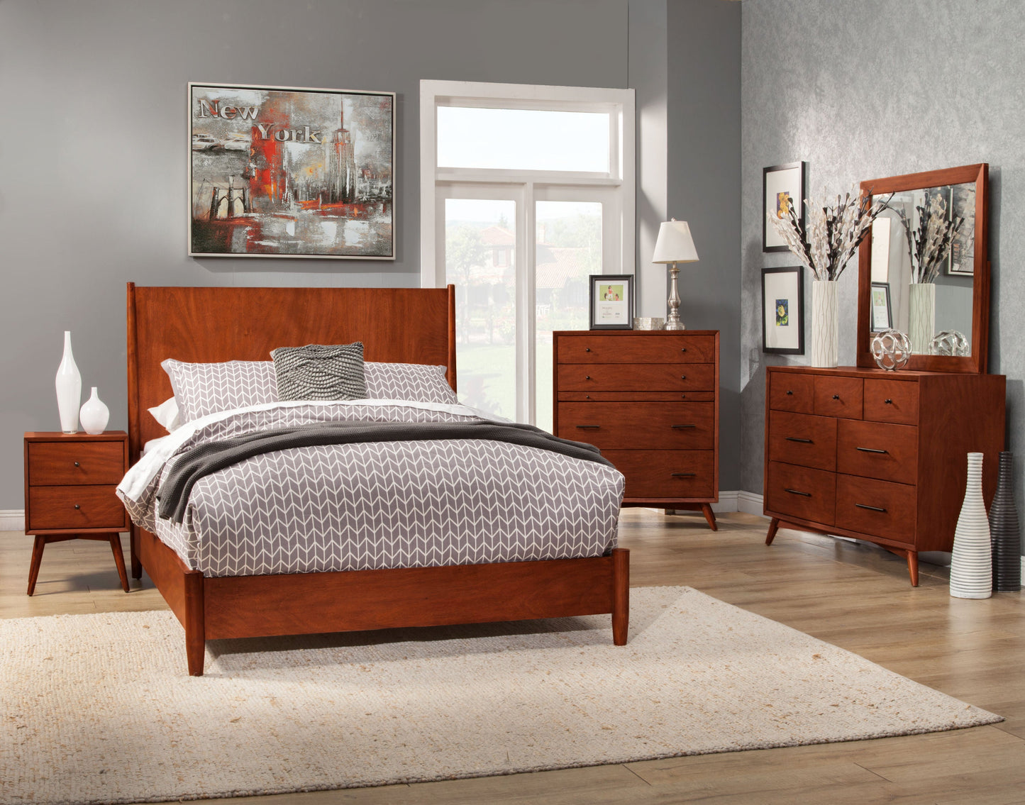 Flynn Panel Bed in Chestnut finish with matching storage pieces in a modern bedroom setting.