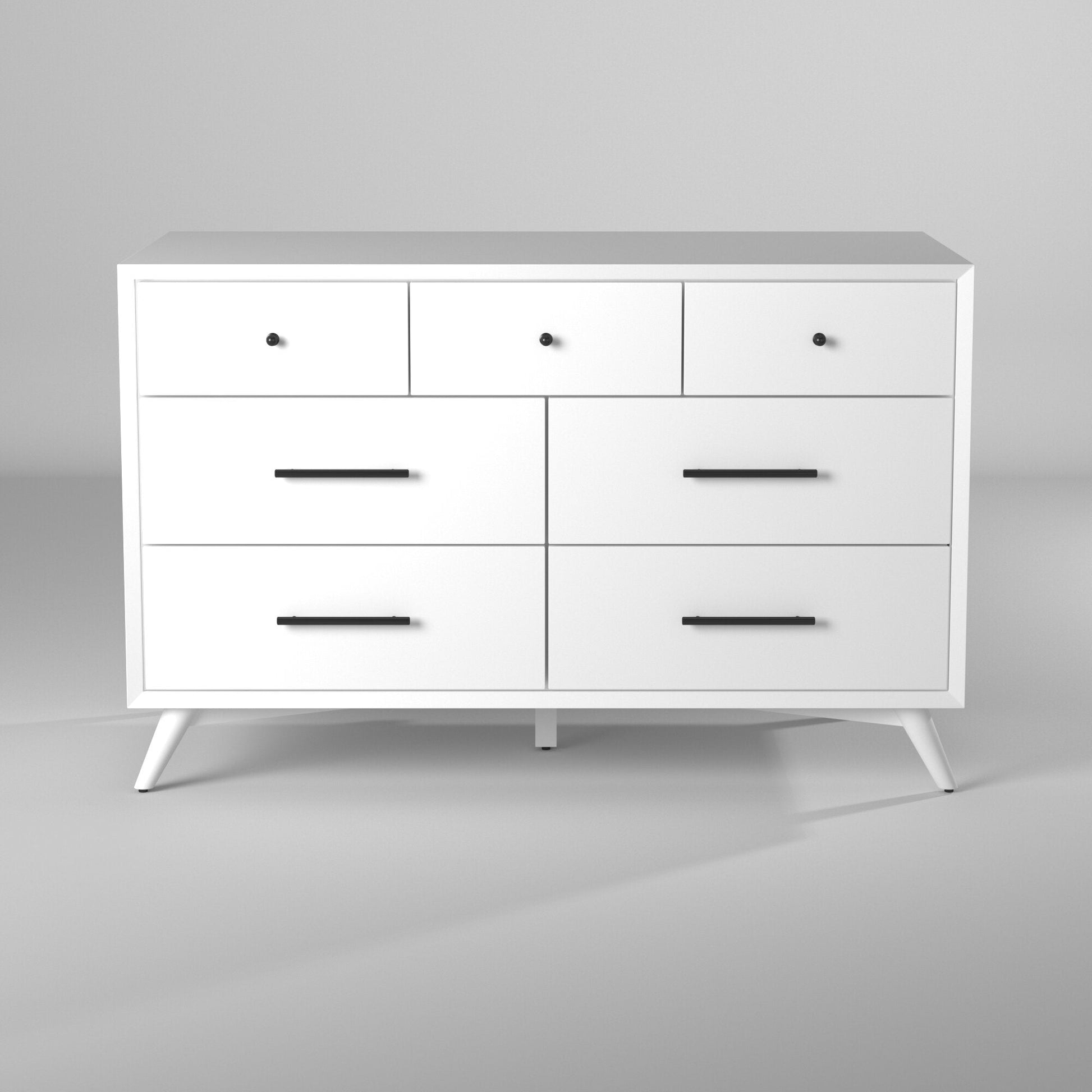 Flynn Dresser in white, featuring Mid-Century Modern design with seven spacious drawers for storage.