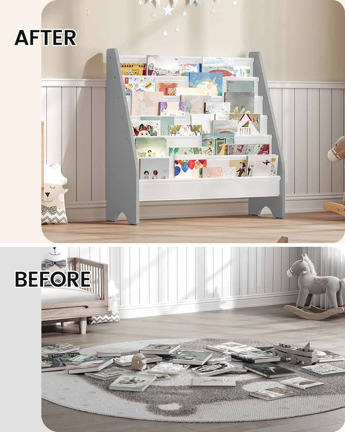 6 Tier Kids Bookshelf White And Gray Sling Book Organizer