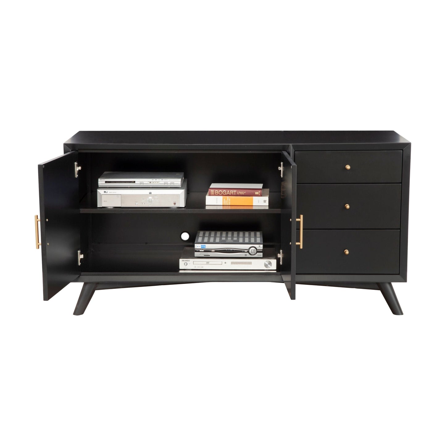 Flynn Sideboard in Black showcasing sleek design with open shelves and drawers for storage.