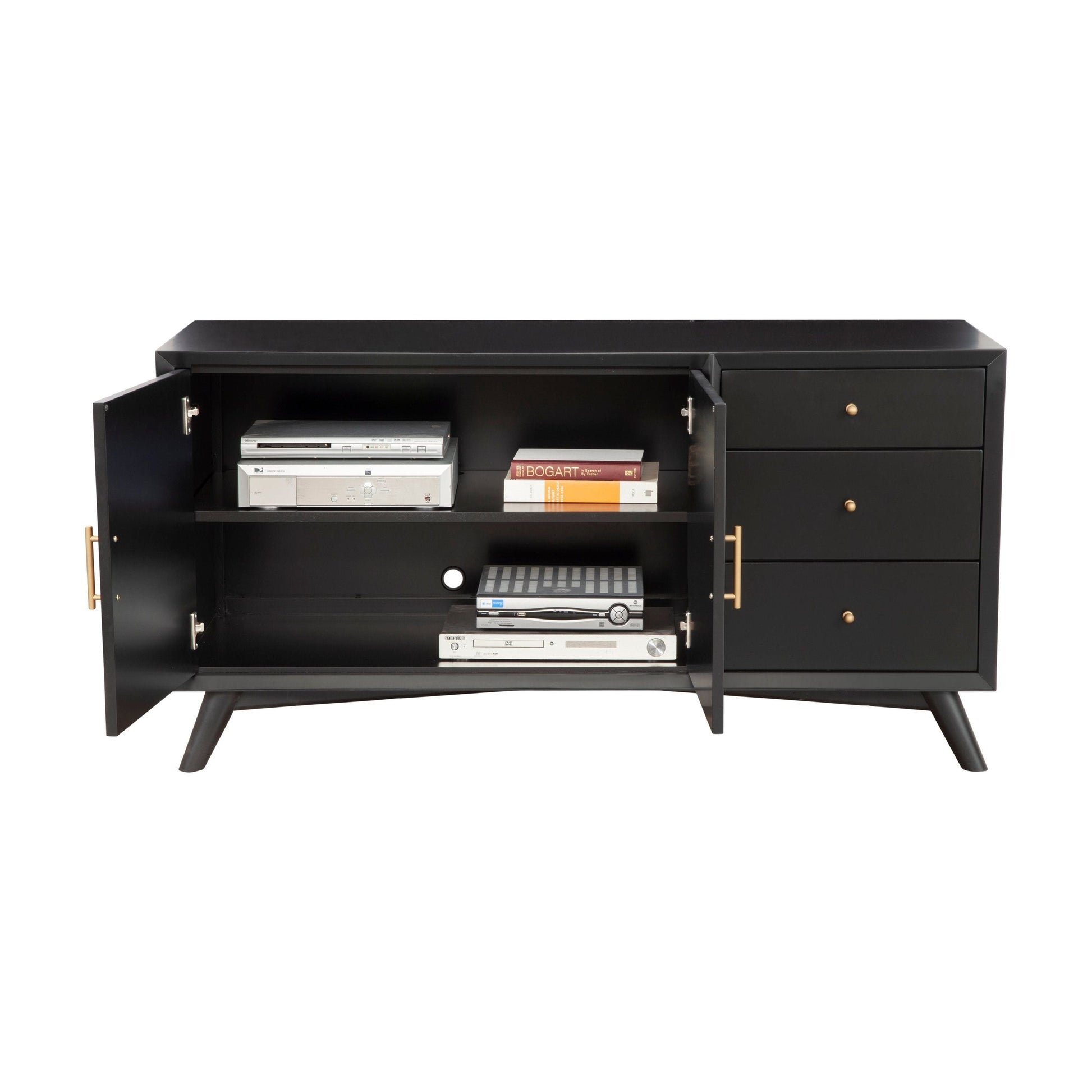 Flynn Sideboard in Black showcasing sleek design with open shelves and drawers for storage.