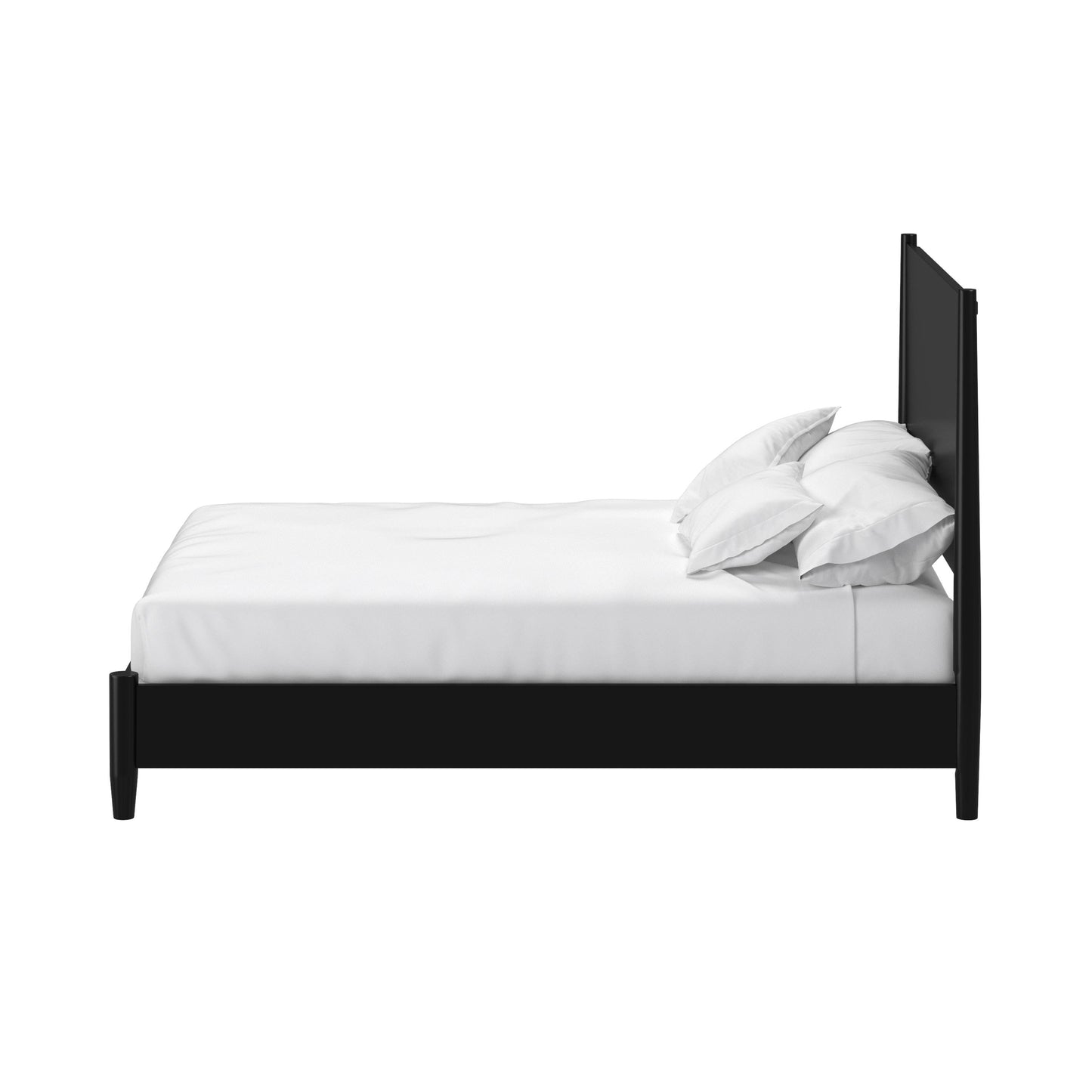 Flynn Platform Bed in black with white bedding and pillows, showcasing Mid-Century Modern design.