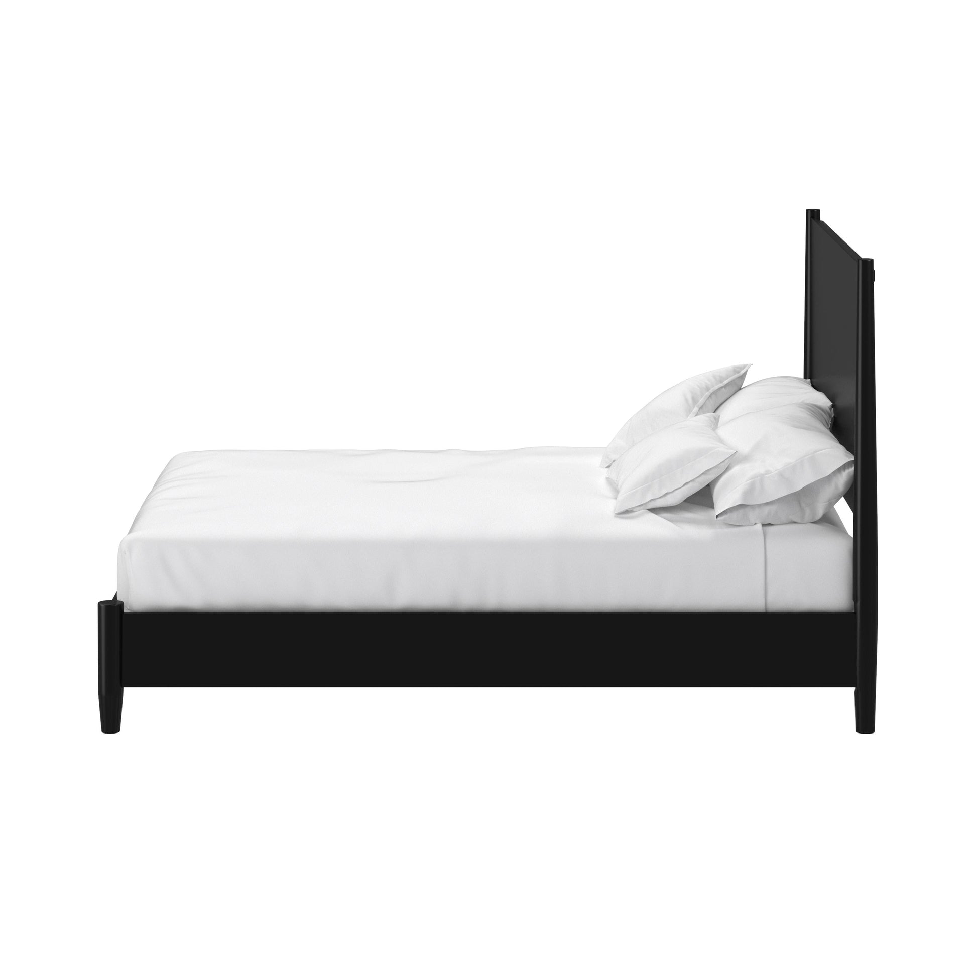 Flynn Platform Bed in black with white bedding and pillows, showcasing Mid-Century Modern design.