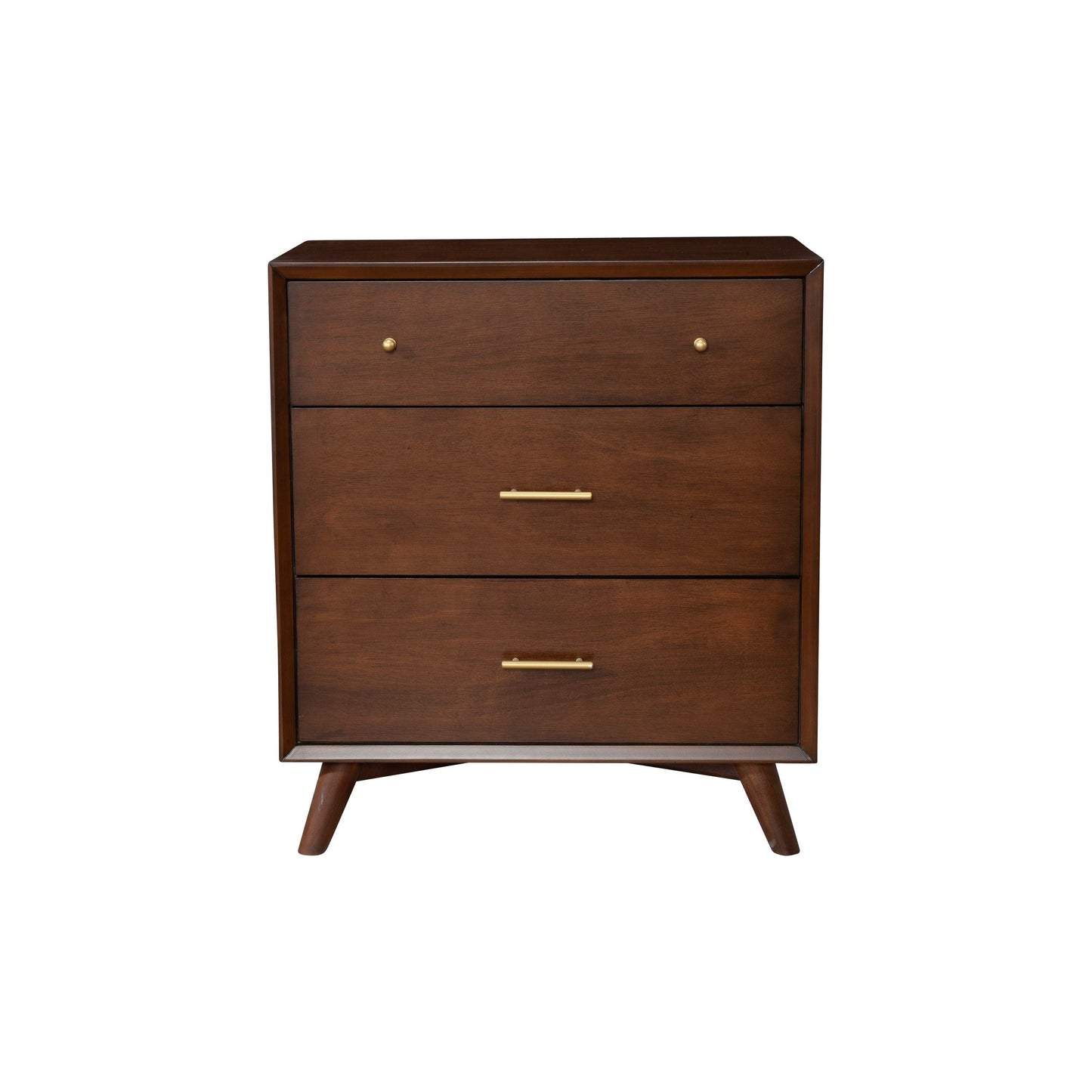 Flynn Small Chest in Walnut finish with three drawers and gold handles, perfect for Mid-Century Modern decor.