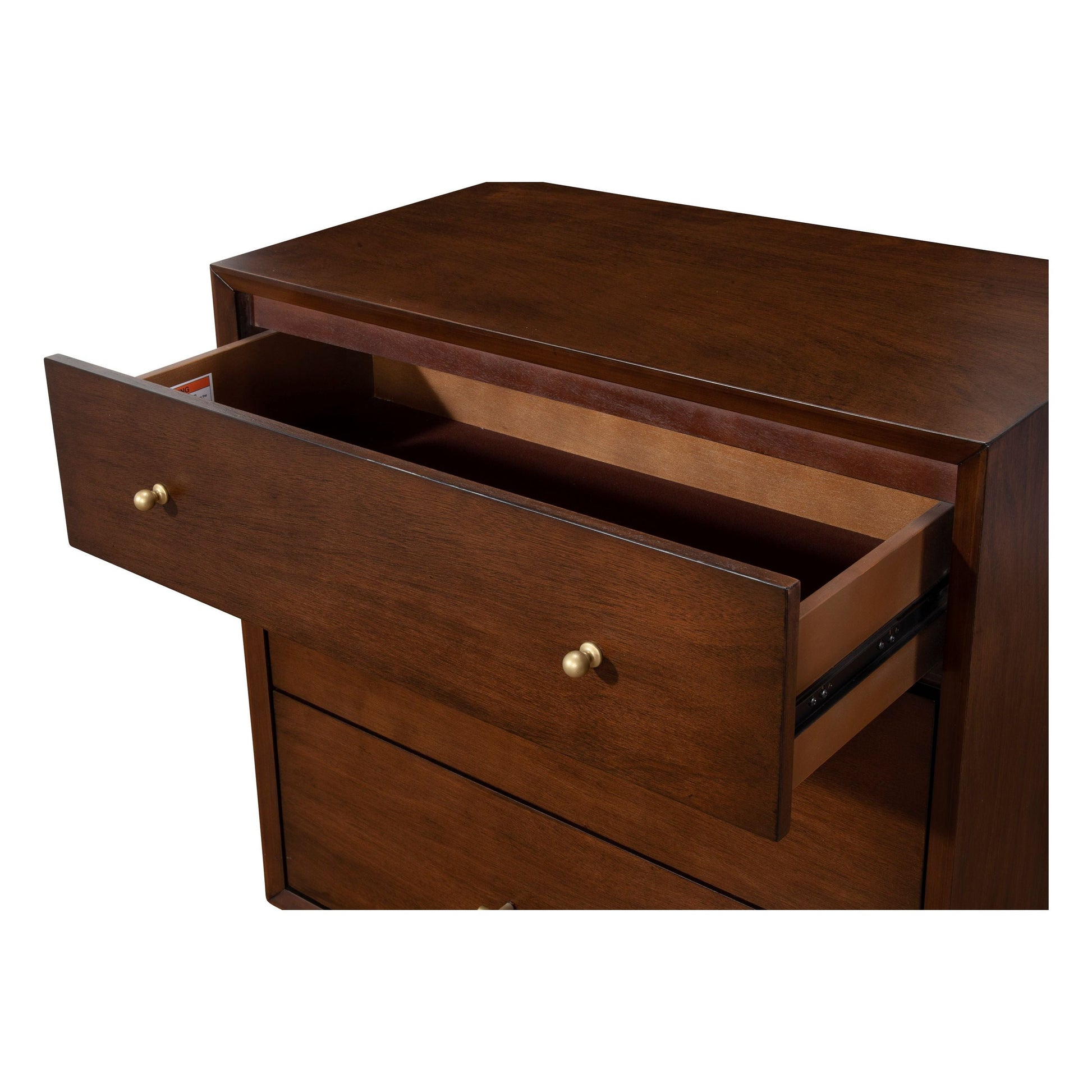 Flynn Small Chest in walnut finish with one drawer partially open, showcasing storage space.