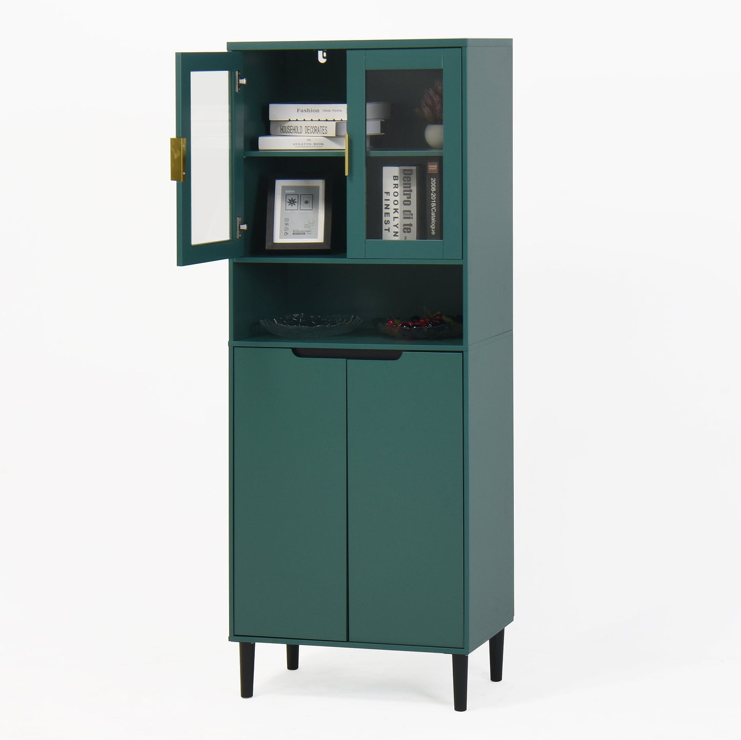 Tall Storage Bookcase with 2 Glass Display Door & 2 Doors, Tall Kitchen Pantry Cabinet with Gold Handles, Modern Cabinet Freestanding Living Room Green