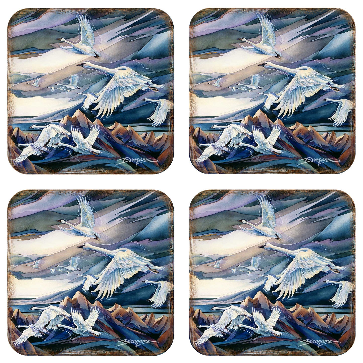 Flying Swans Wooden Cork Coasters Gift Set of 4 by J. Bergsma - Coastal Decor  - 8199457C-S4
