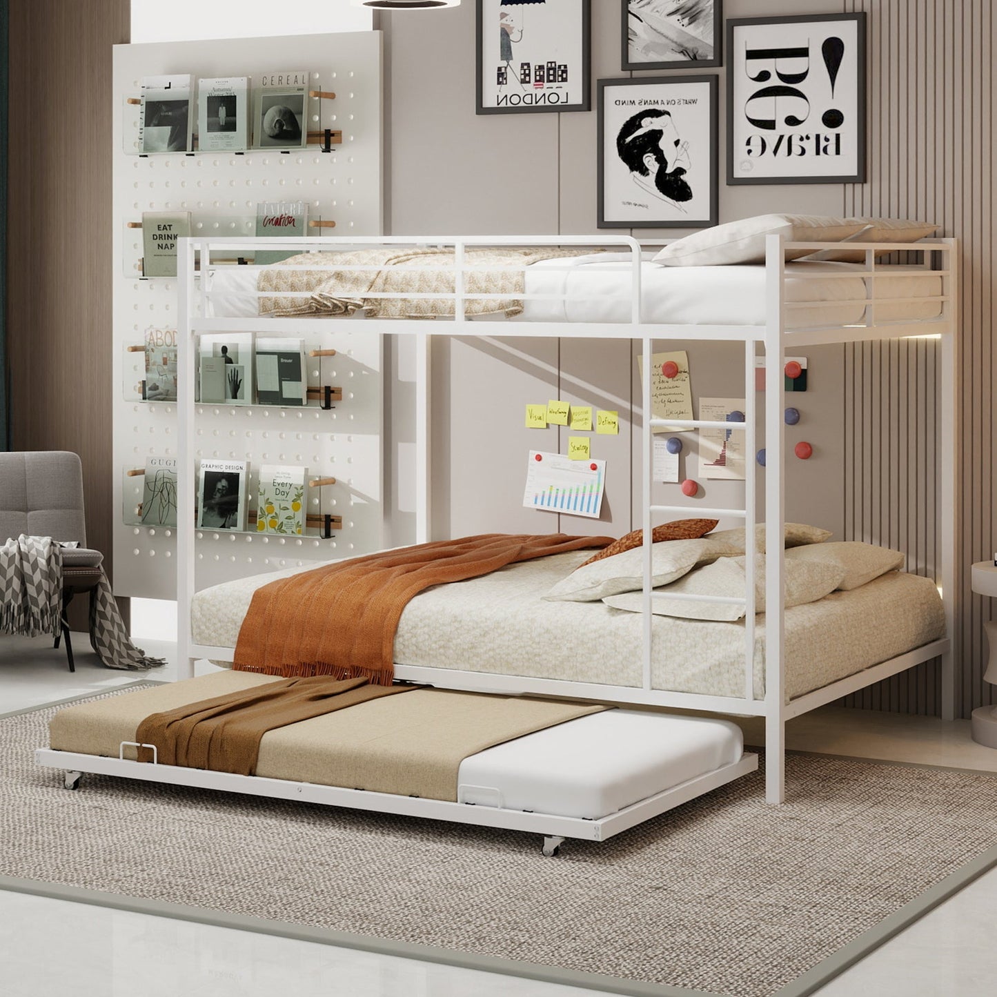 Durable Square Tube Iron Bunk Bed Featuring Safety Rails, Modern Minimalist Look, Ideal for Kids Room, Guest Room or Shared Space, Easy Assembly & Long - Lasting Performance-Queen size: 153cm*203cm