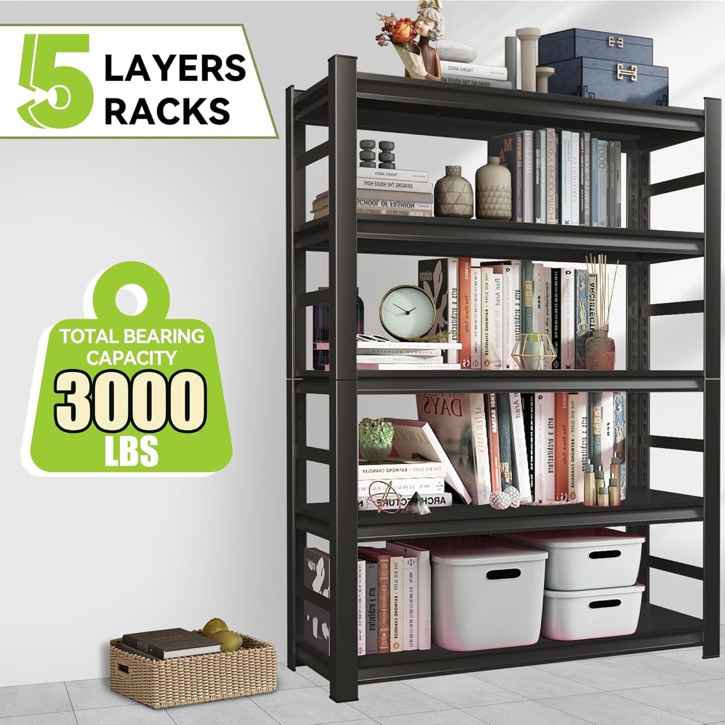 5 Tier Metal Wide Bookshelf Black Tall 72 Inch High