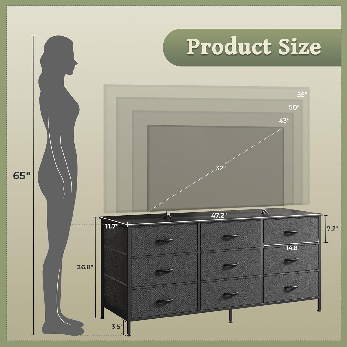 47 Inch 9 Drawer TV Stand Dresser For 50 55 Inch TVs Black