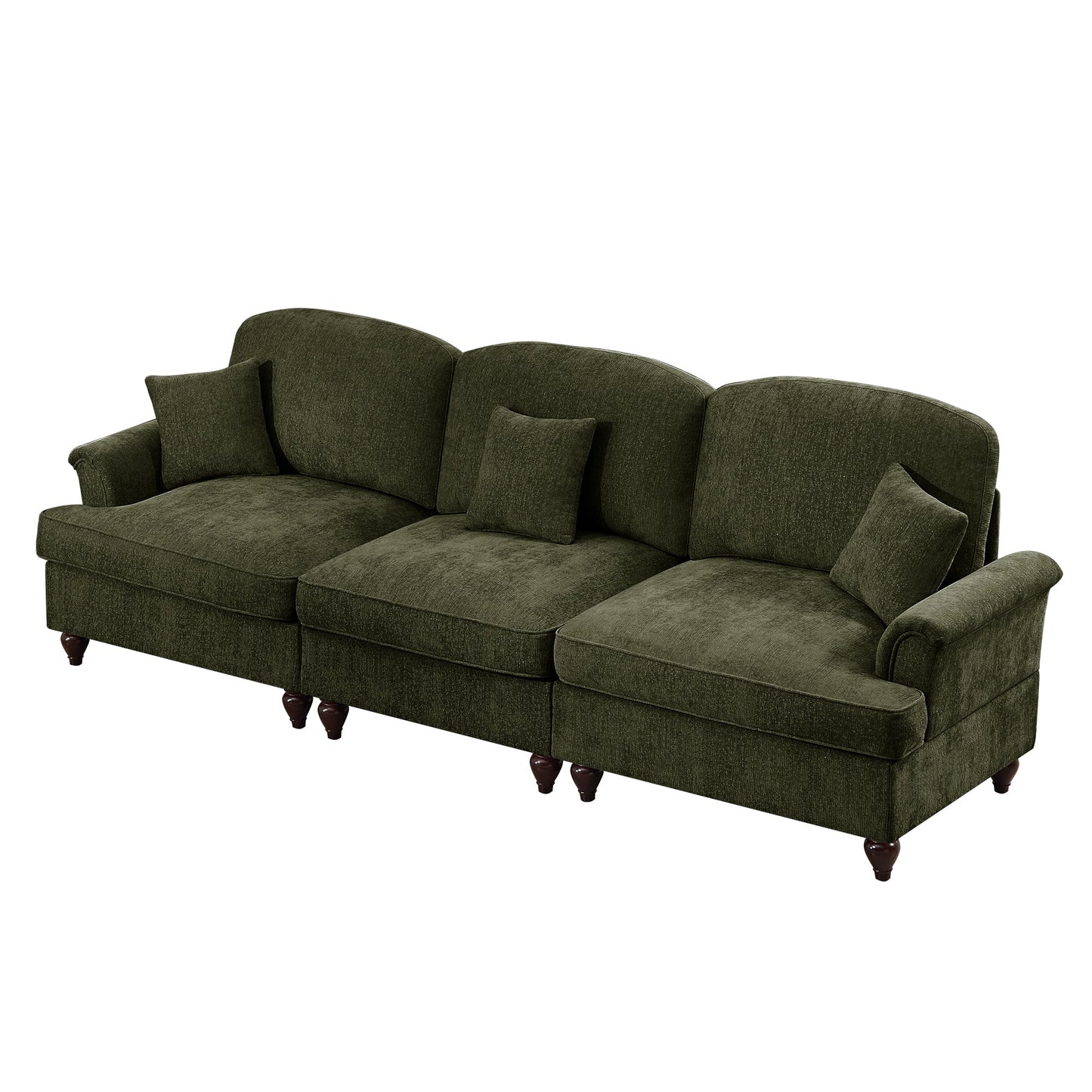 Elegant Mid Century Large 3 Seater Sofa Couch with Flared Arms and Removable Ruffles Pleats Skirts and Spindle Legs, Comfy Chenille Three-Seat Sofa for Living Room, Green