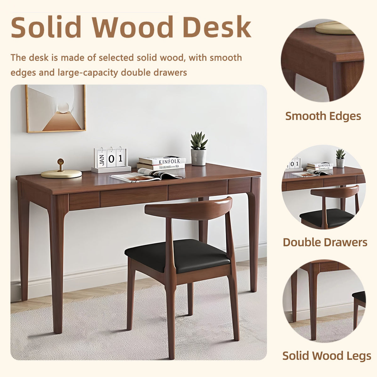 Solid Wood Desk with Drawers, Standing Desk