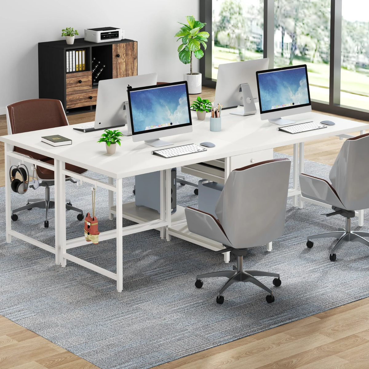 79-Inch Two Person Computer Desk with Drawers and Storage Shelves